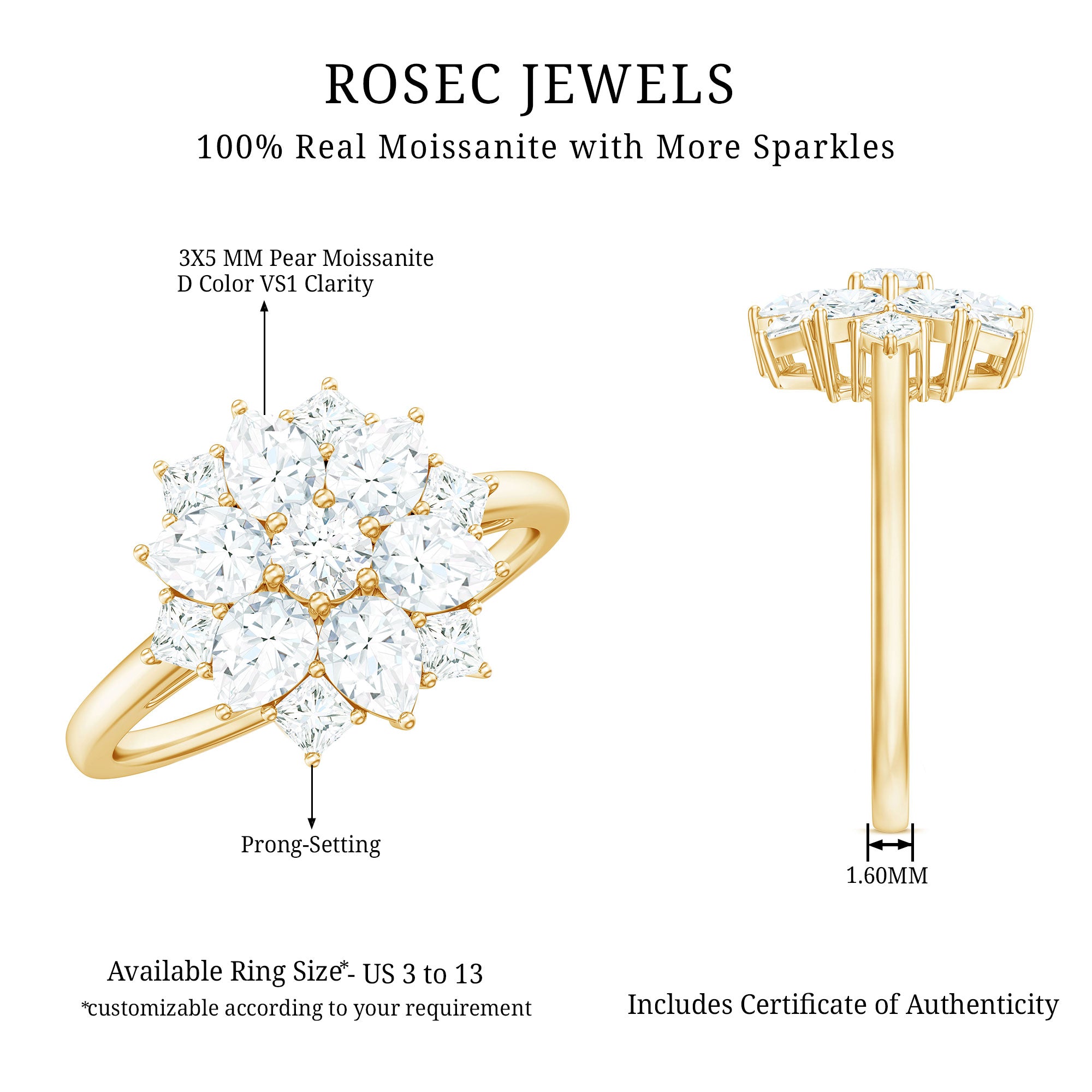 Womens Moissanite Flower Engagement Ring with Certificate D-VS1 - Rosec Jewels