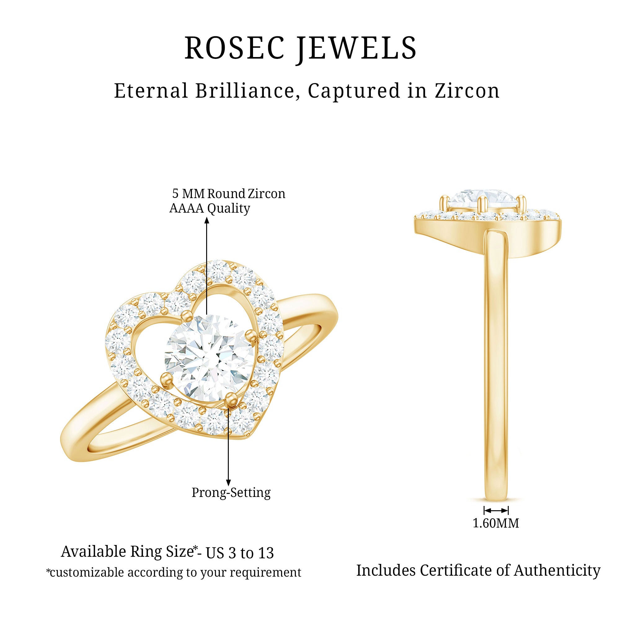1 CT Round Cut Zircon Heart Engagement Ring with Halo AAAA - Rosec Jewels