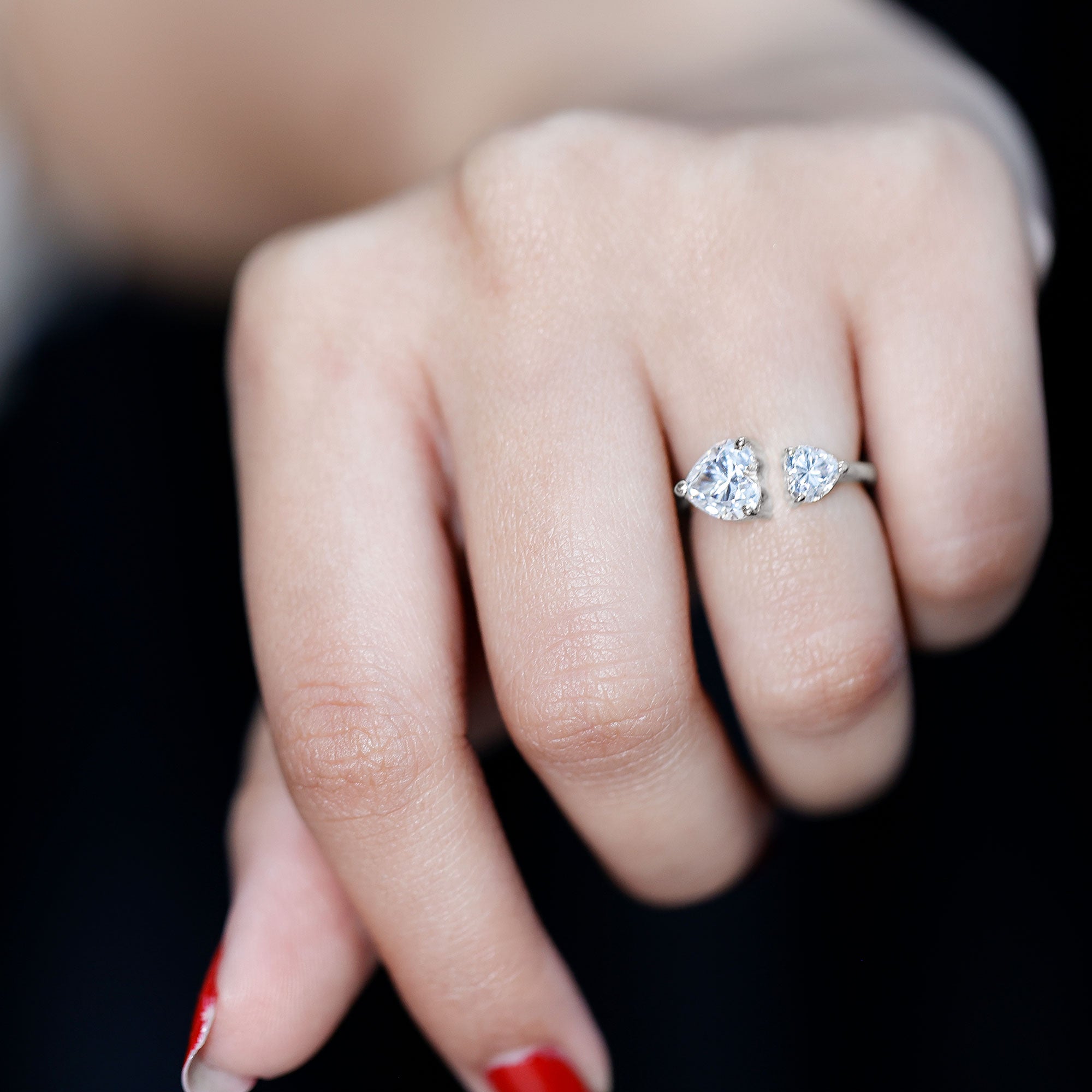 Heart Shape Moissanite Two Stone Cuff Ring D-VS1 - Rosec Jewels