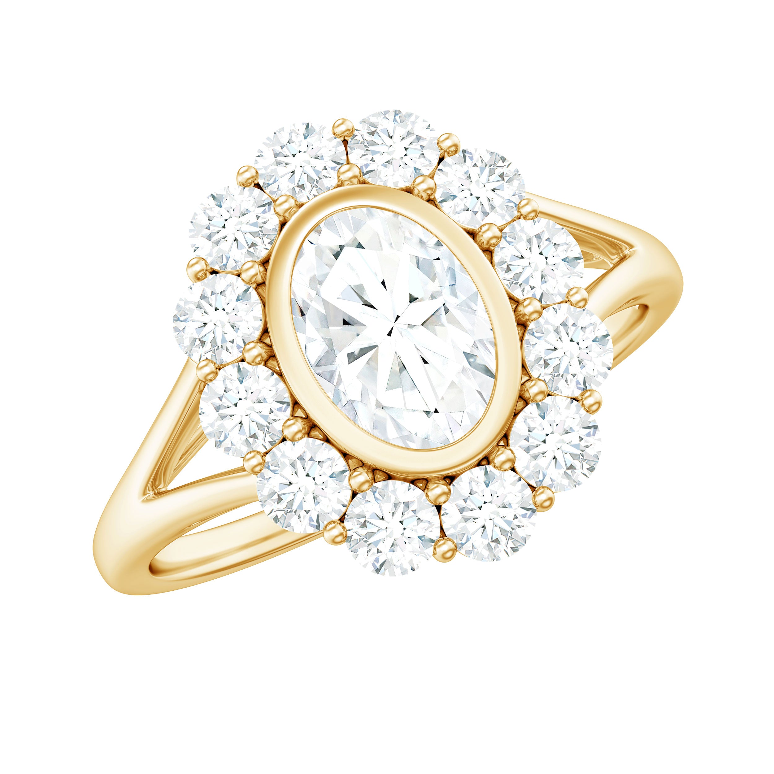 Rosec Jewels-Oval Cut Moissanite Halo Engagement Ring with Split Shank