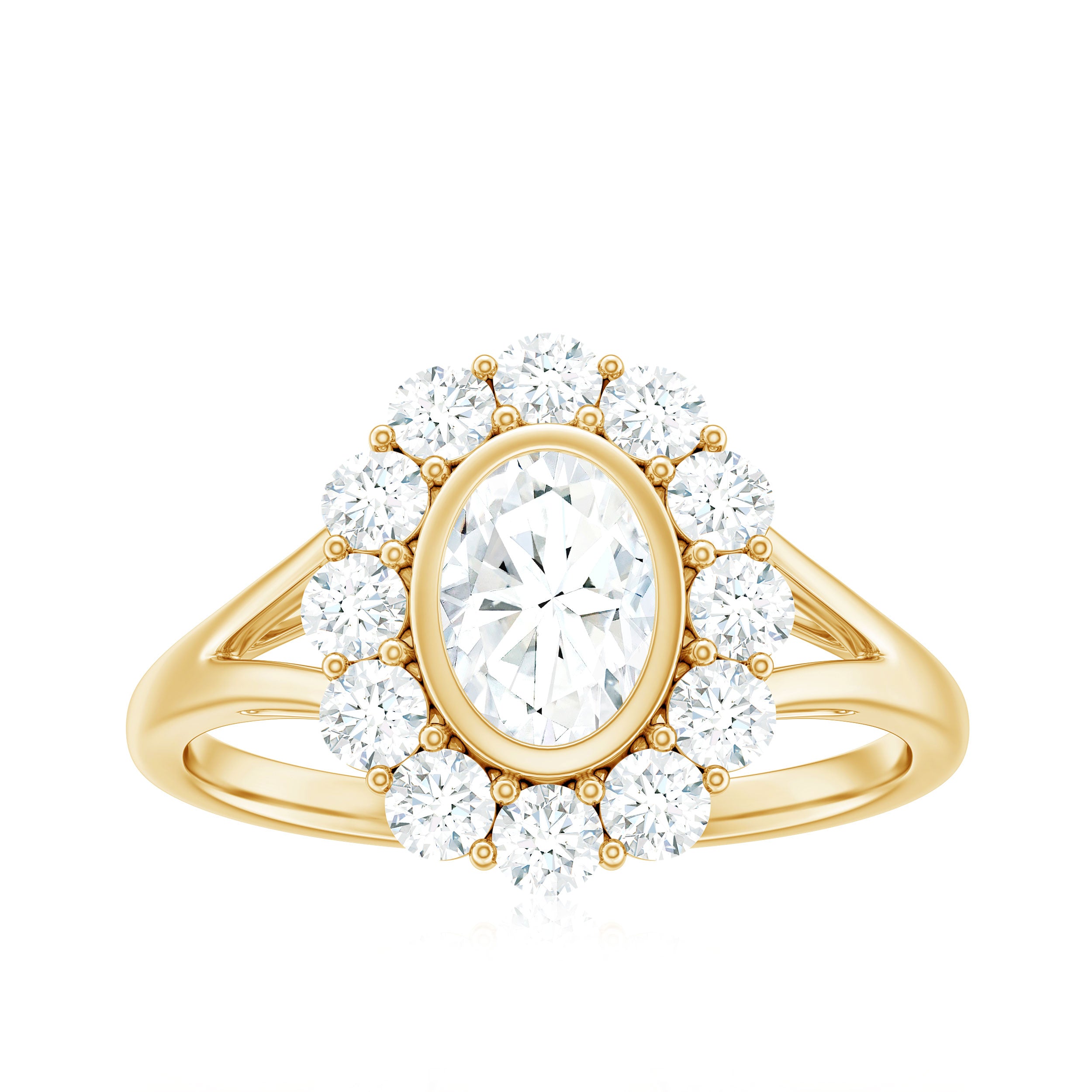Rosec Jewels-Oval Cut Moissanite Halo Engagement Ring with Split Shank
