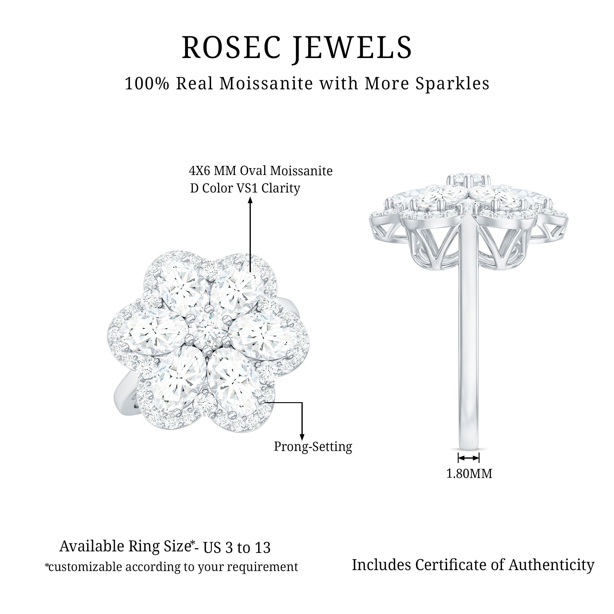Certified Moissanite Huge Flower Engagement Ring D-VS1 - Rosec Jewels