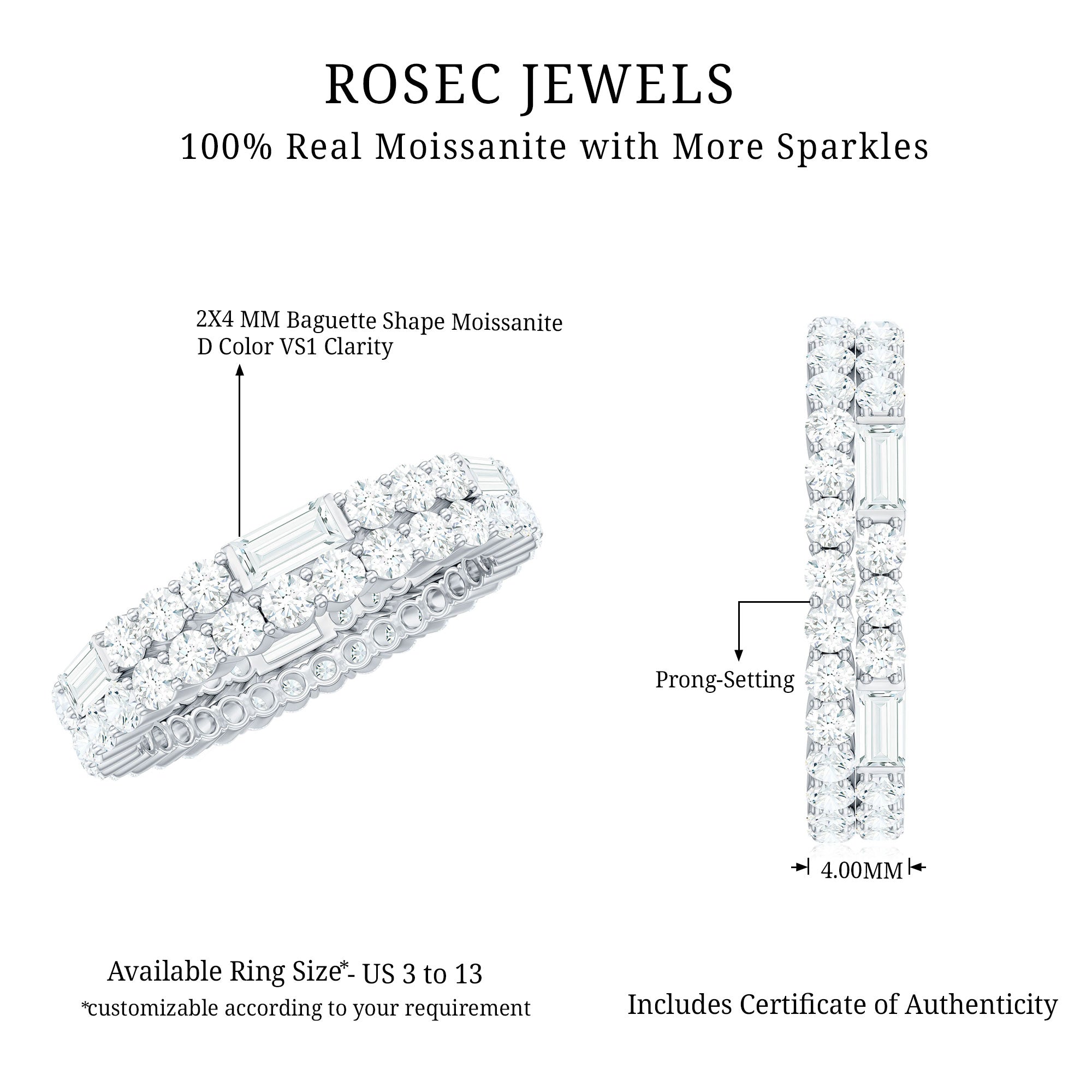 Certified Moissanite Two Row Wedding Band Ring D-VS1 - Rosec Jewels