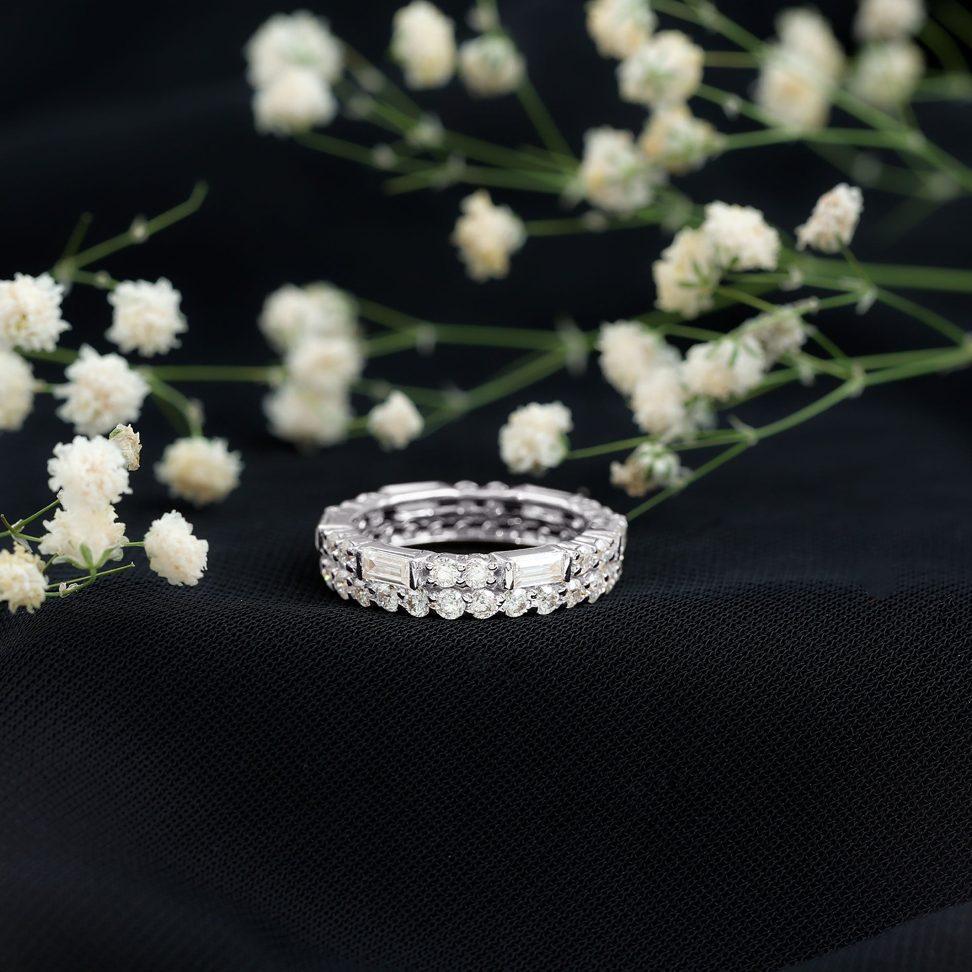 Certified Moissanite Two Row Wedding Band Ring D-VS1 - Rosec Jewels