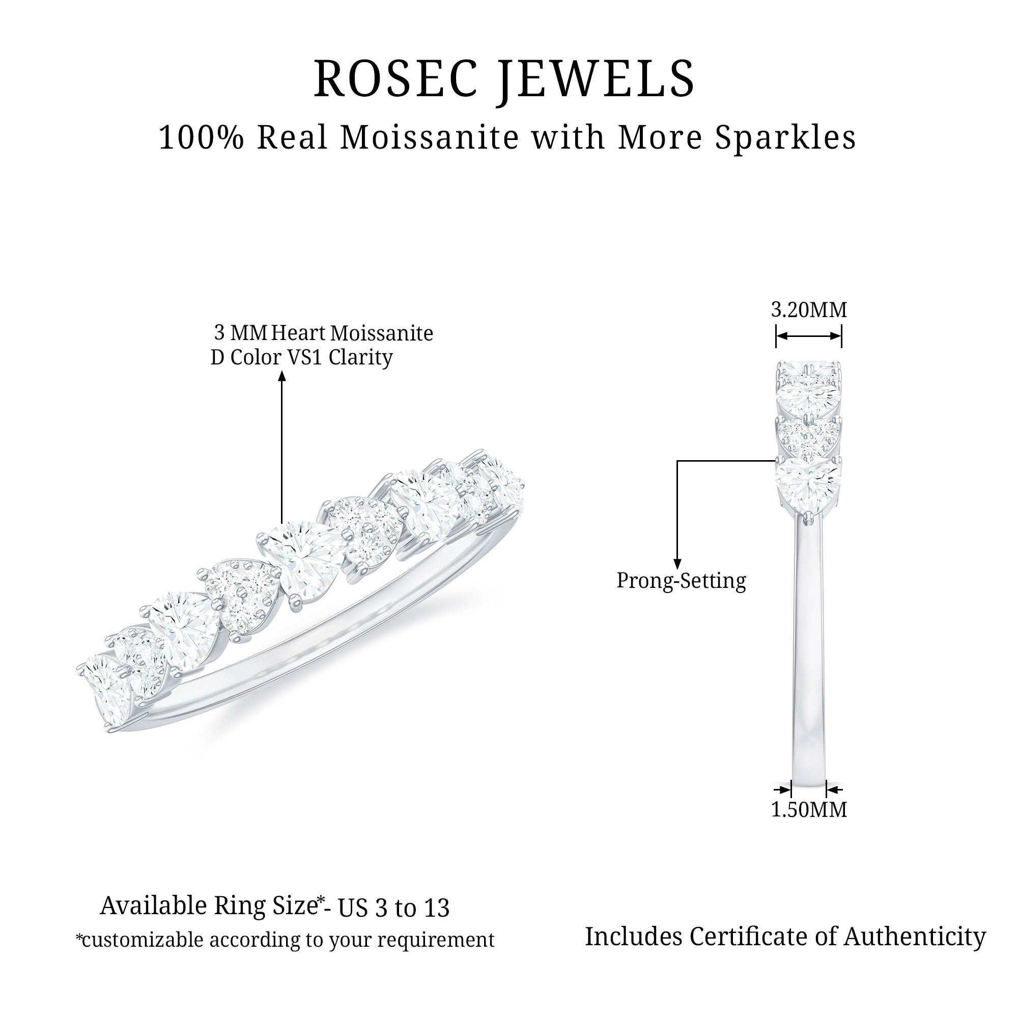 Rosec Jewels-Heart Shaped Moissanite Half Eternity Band Ring