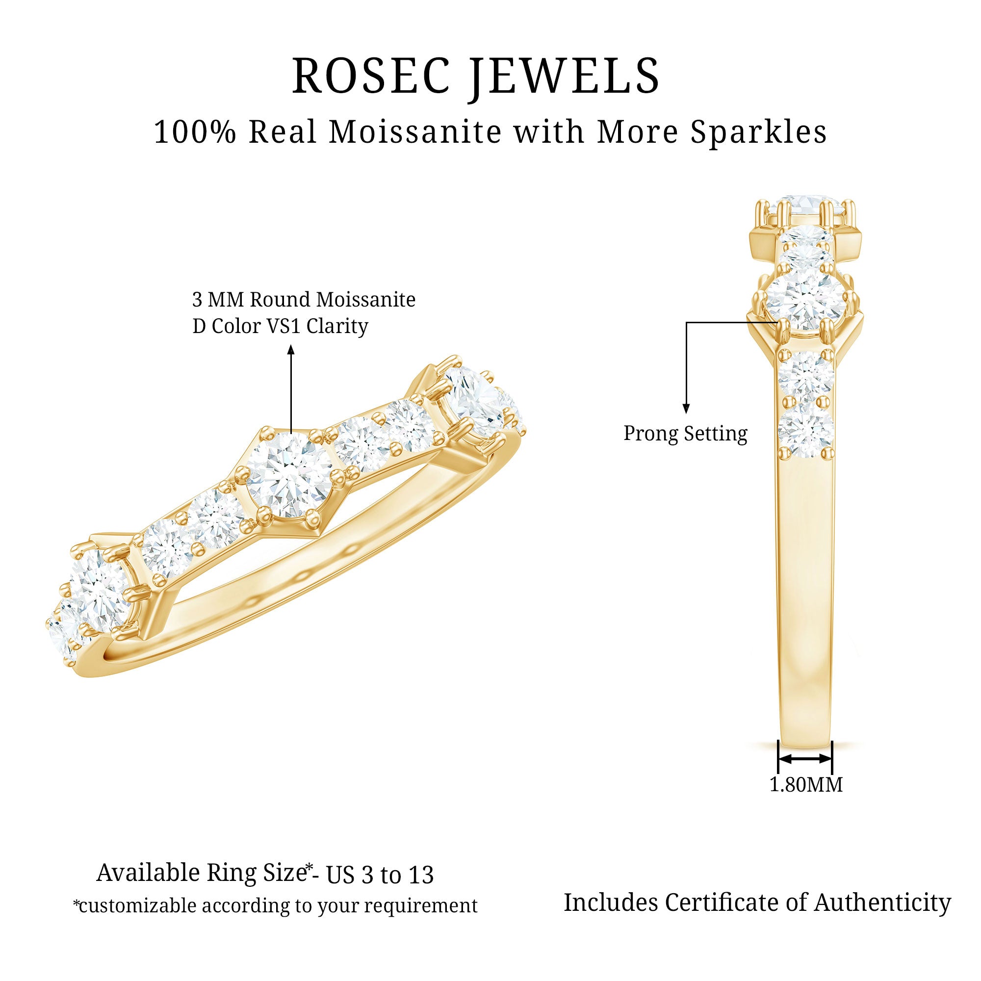 Rosec Jewels-Round Cut Moissanite Half Eternity Band Ring