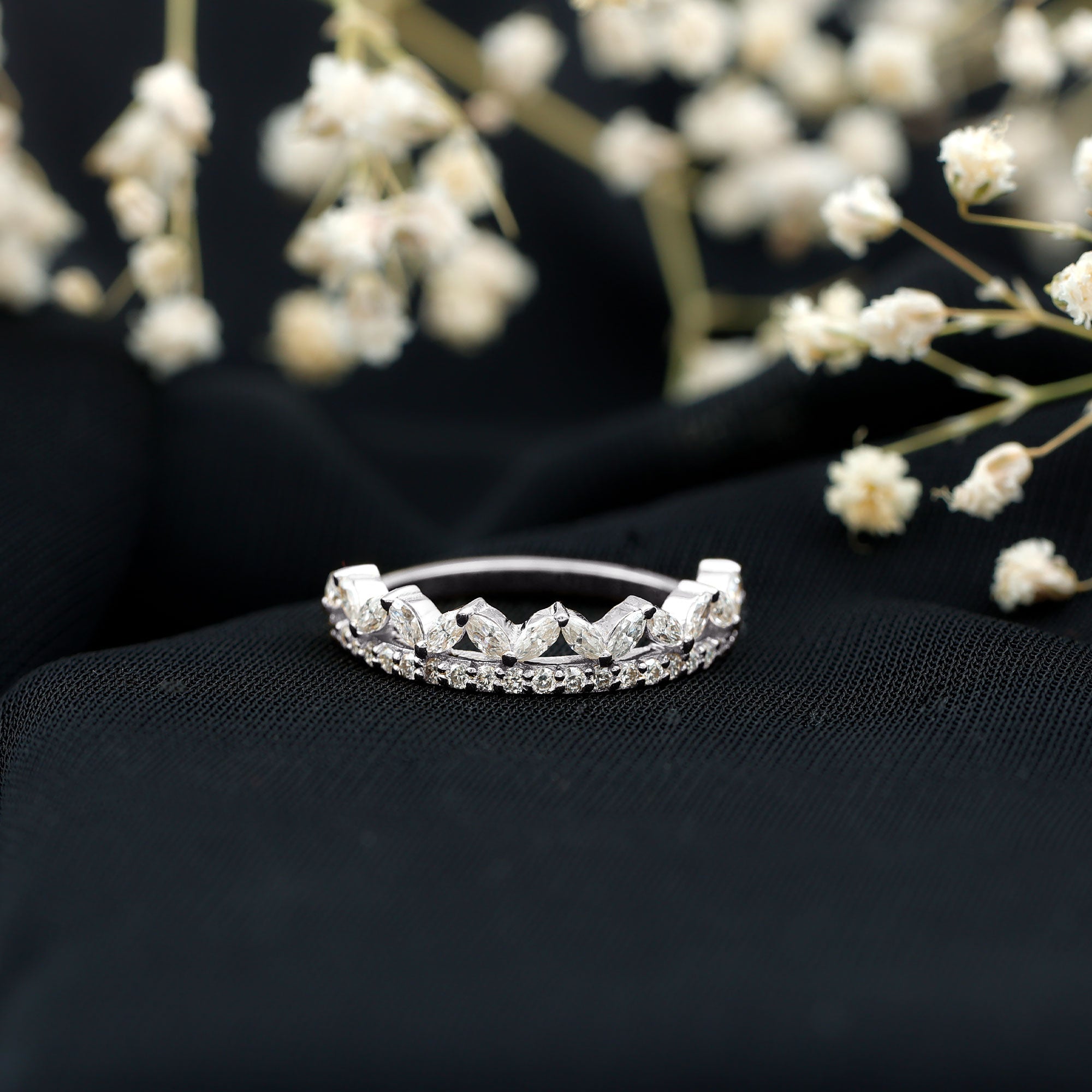 Certified Moissanite Half Eternity Wedding Band in Crown Style D-VS1 - Rosec Jewels