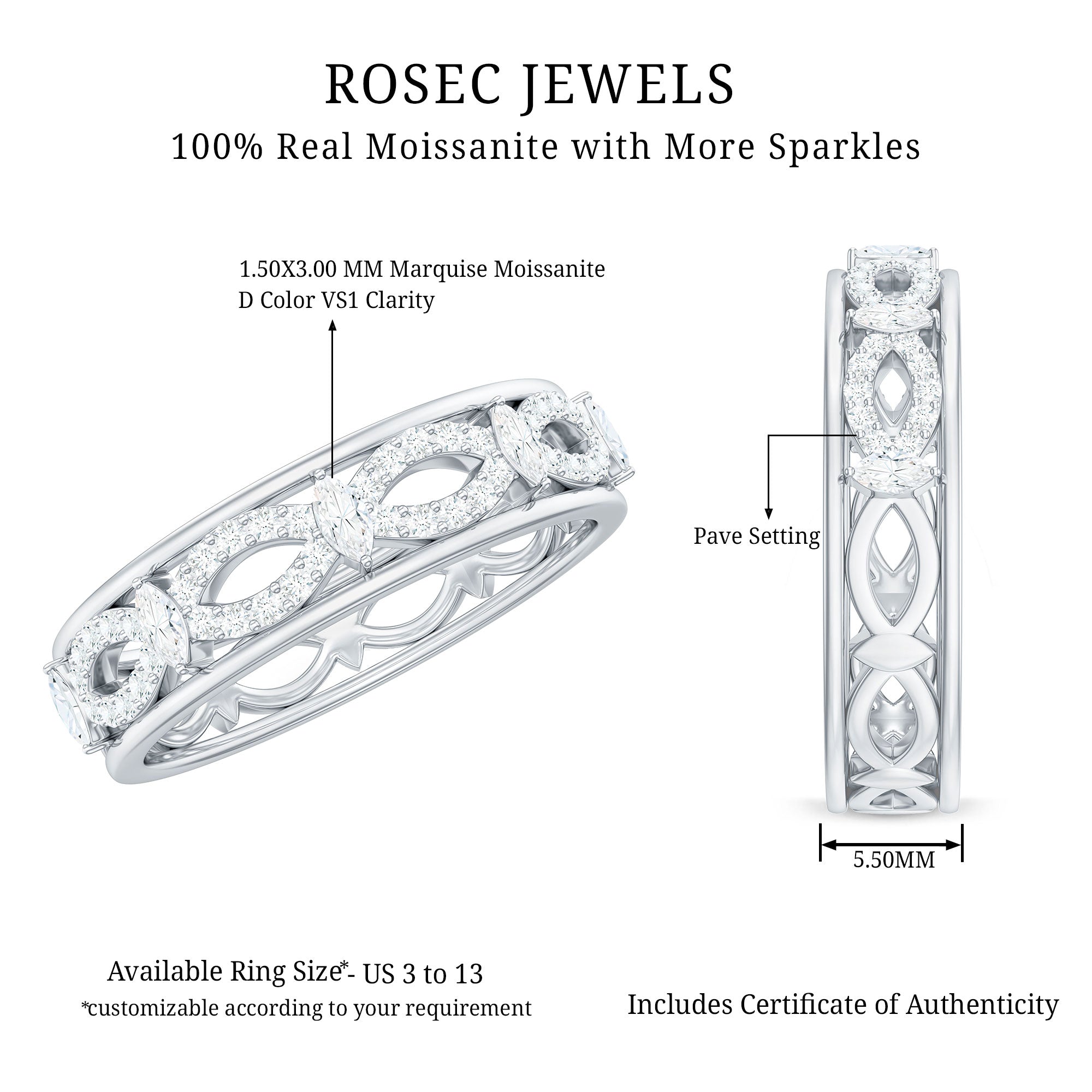 Certified Moissanite Infinity Wedding Band for Her D-VS1 - Rosec Jewels