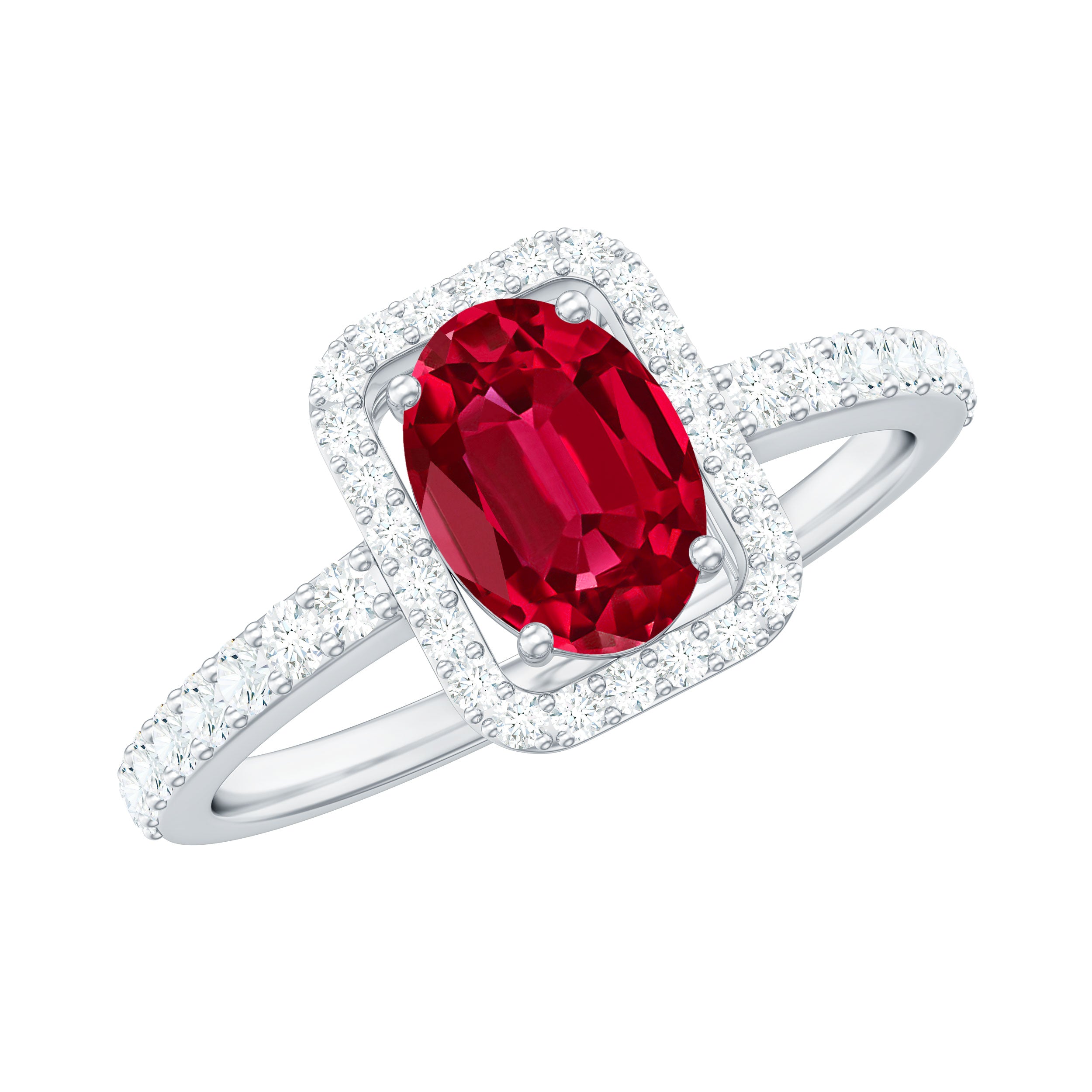 Oval Cut Lab Created Ruby and Diamond Halo Engagement Ring AAAA - Rosec Jewels