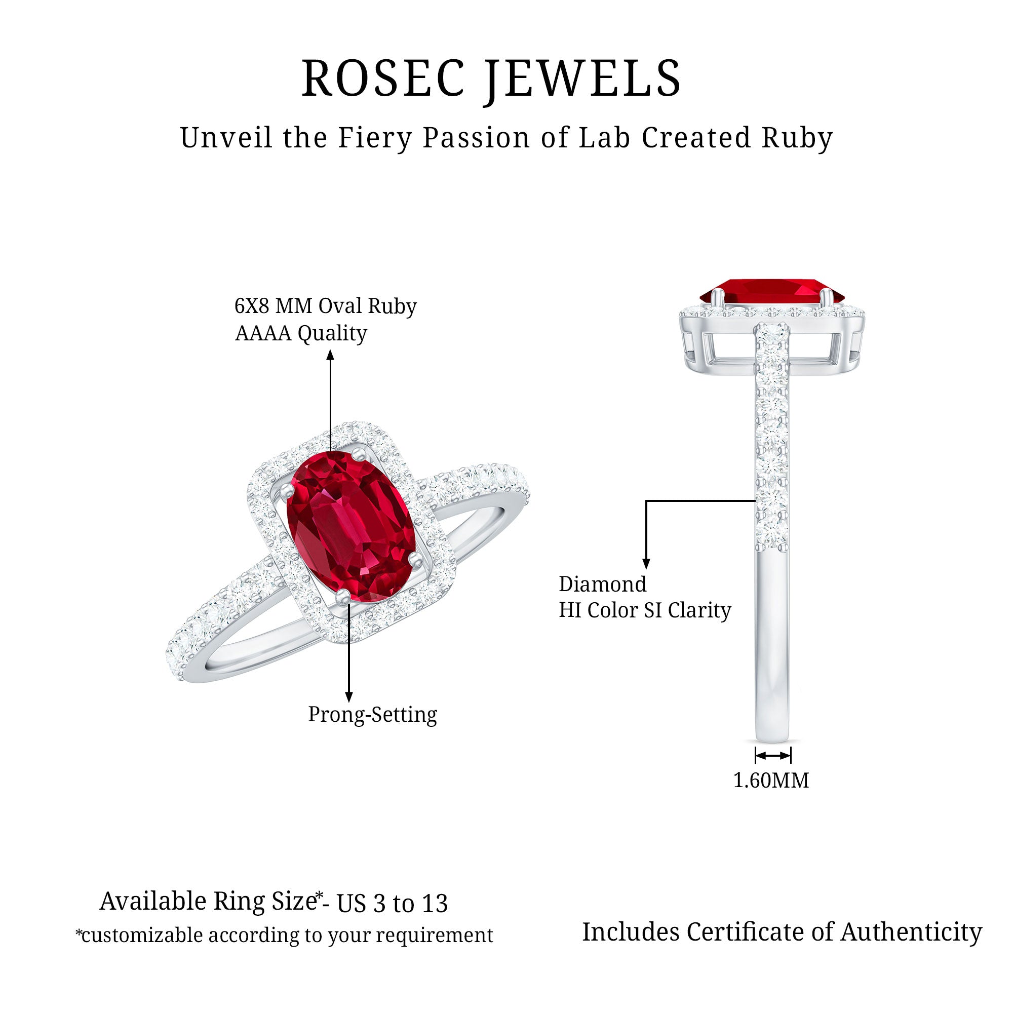 Oval Cut Lab Created Ruby and Diamond Halo Engagement Ring AAAA - Rosec Jewels