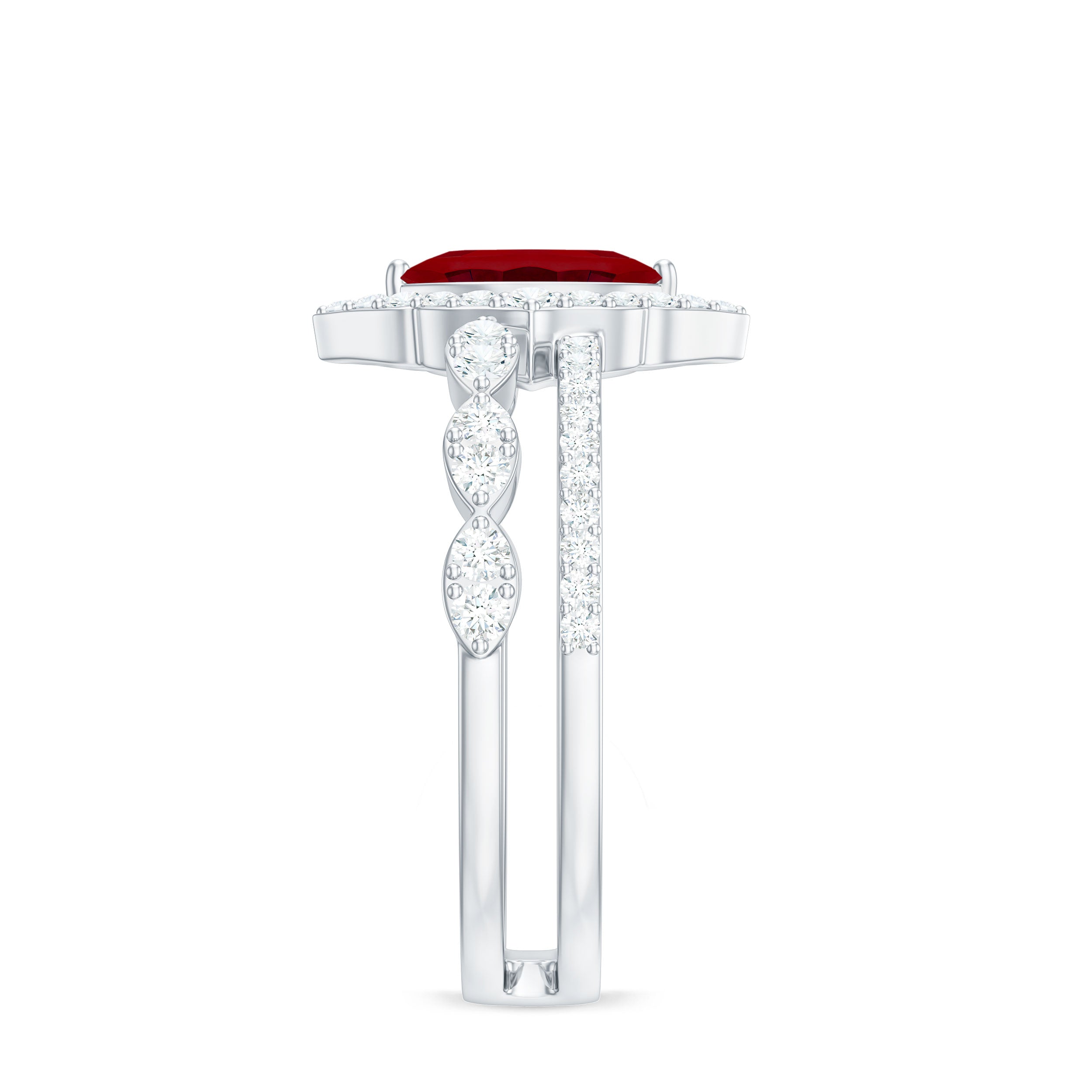 Vintage Inspired Lab Ruby and Diamond Double Band Engagement Ring AAAA - Rosec Jewels