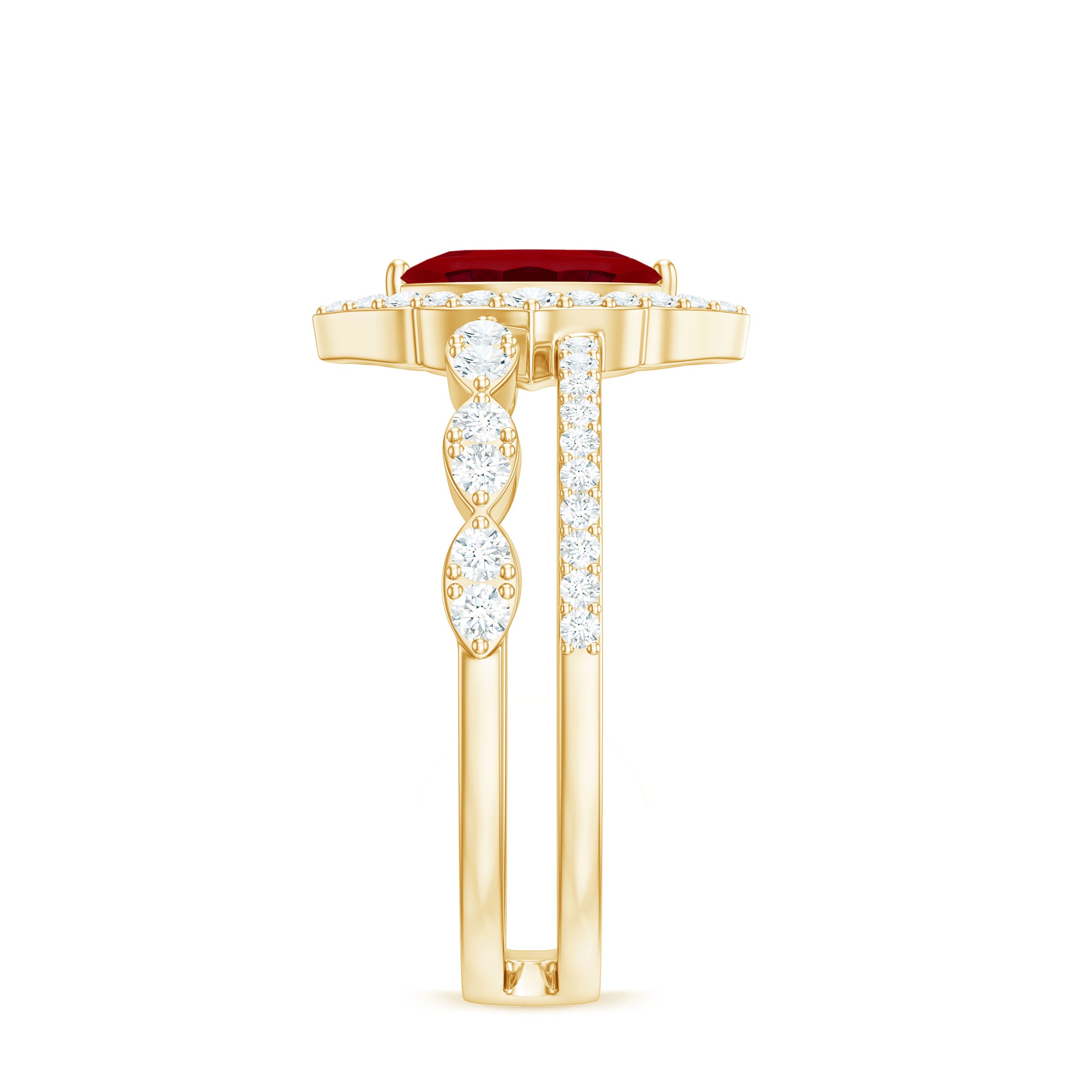 Vintage Inspired Lab Ruby and Diamond Double Band Engagement Ring AAAA - Rosec Jewels