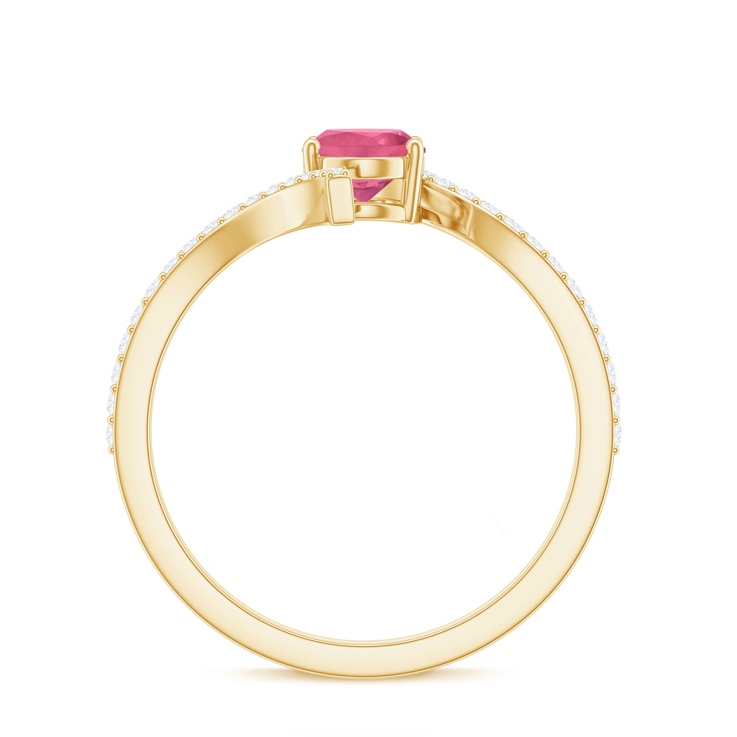 Oval Pink Tourmaline Solitaire Bypass Ring with Diamond Pink Tourmaline - ( AAA ) - Quality - Rosec Jewels