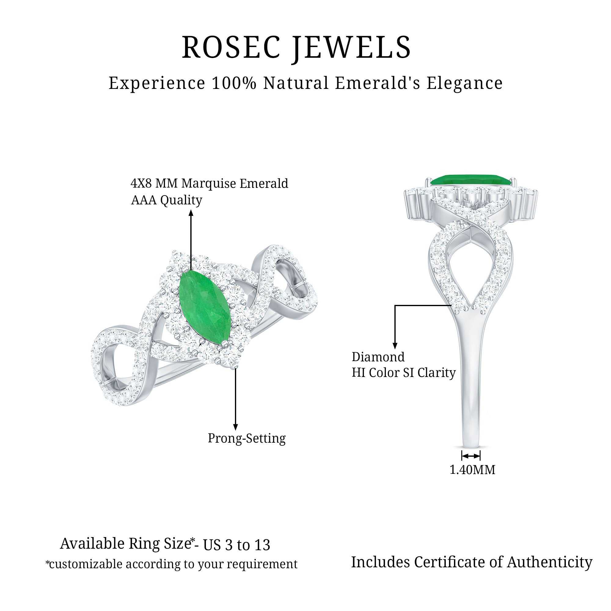 Natural Marquise Emerald Diamond Halo Engagement Ring with Crossover Shank AAA - Rosec Jewels