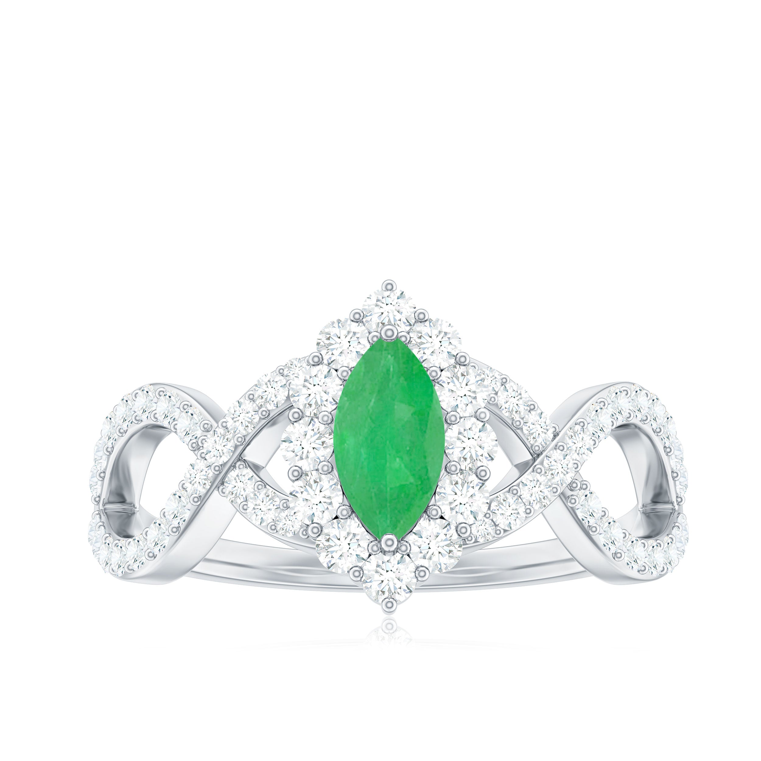 Natural Marquise Emerald Diamond Halo Engagement Ring with Crossover Shank AAA - Rosec Jewels