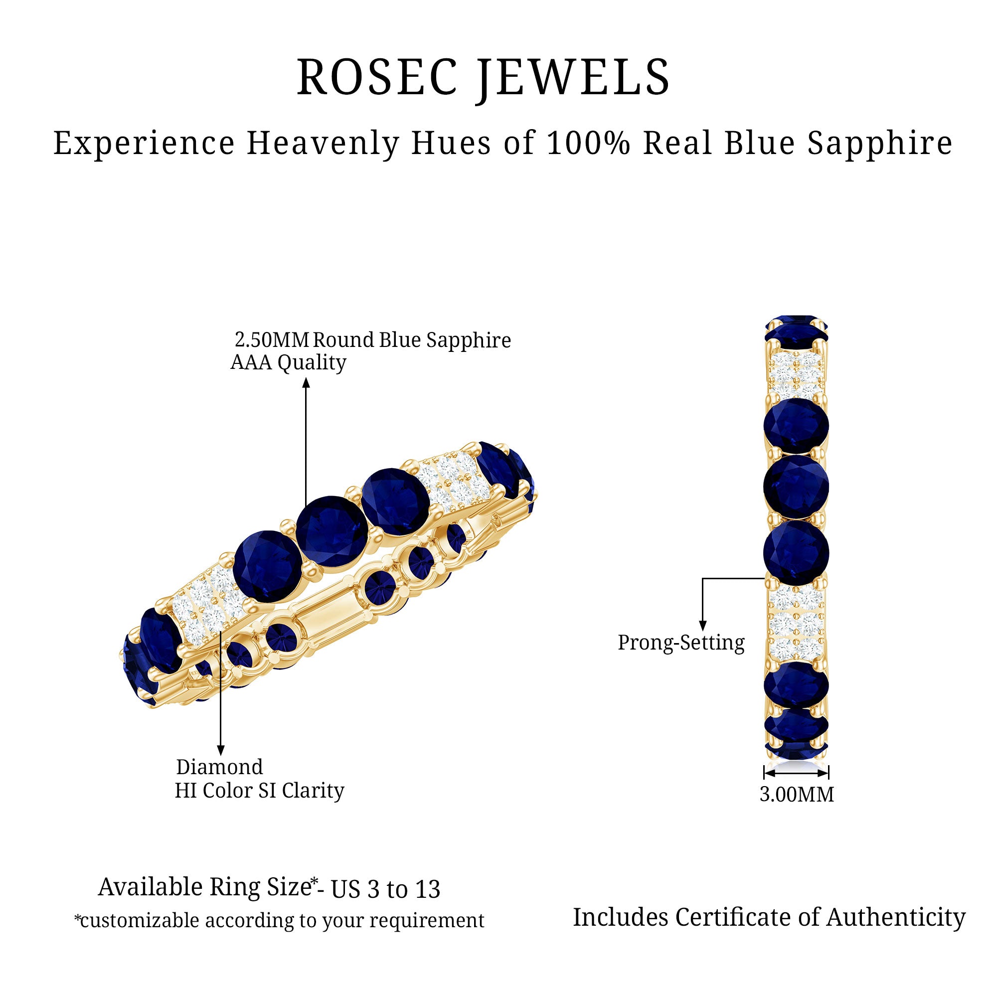 Natural Blue Sapphire and Diamond Eternity Wedding Band AAA - Rosec Jewels