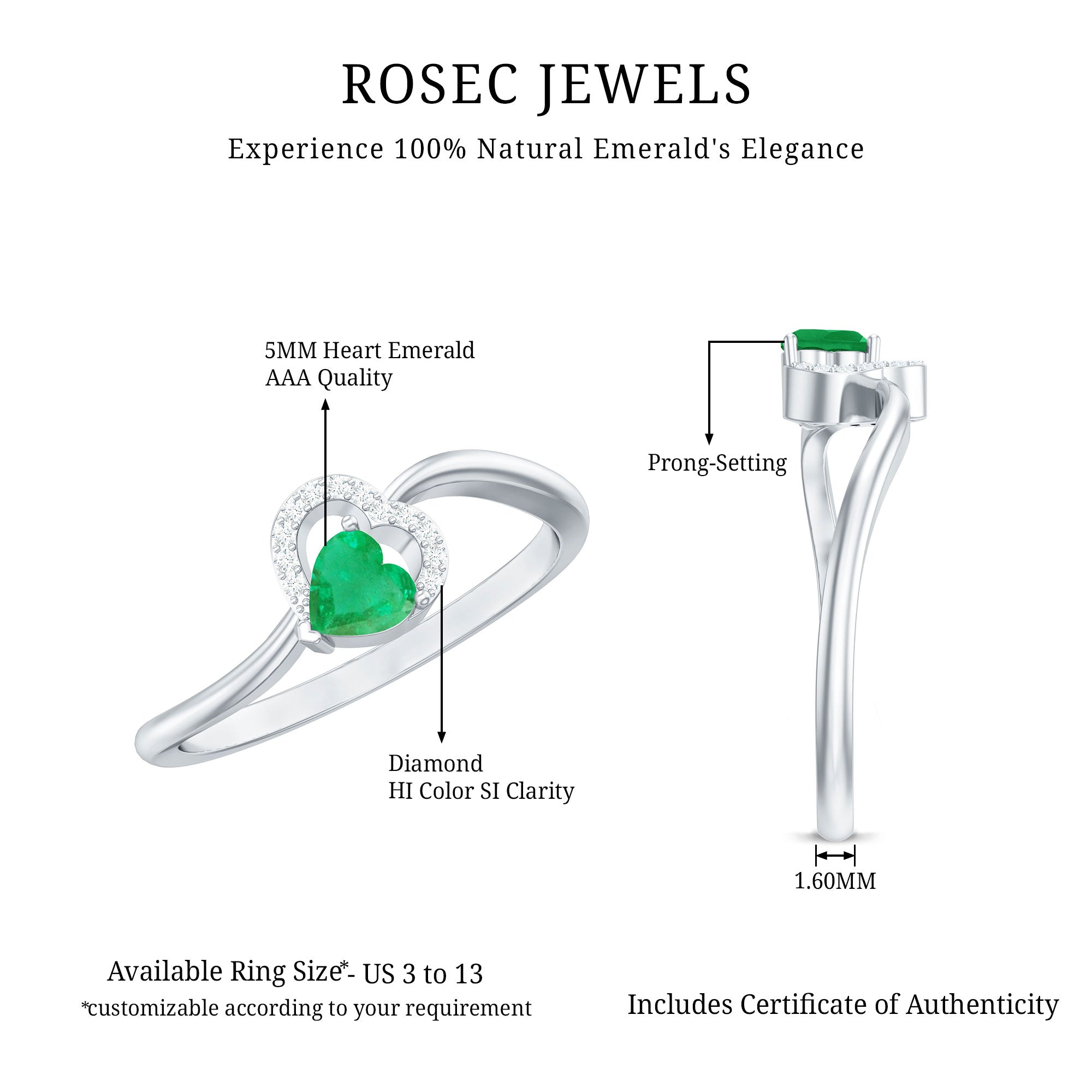 Certified Natural Emerald Heart Promise Ring with Diamond AAA - Rosec Jewels