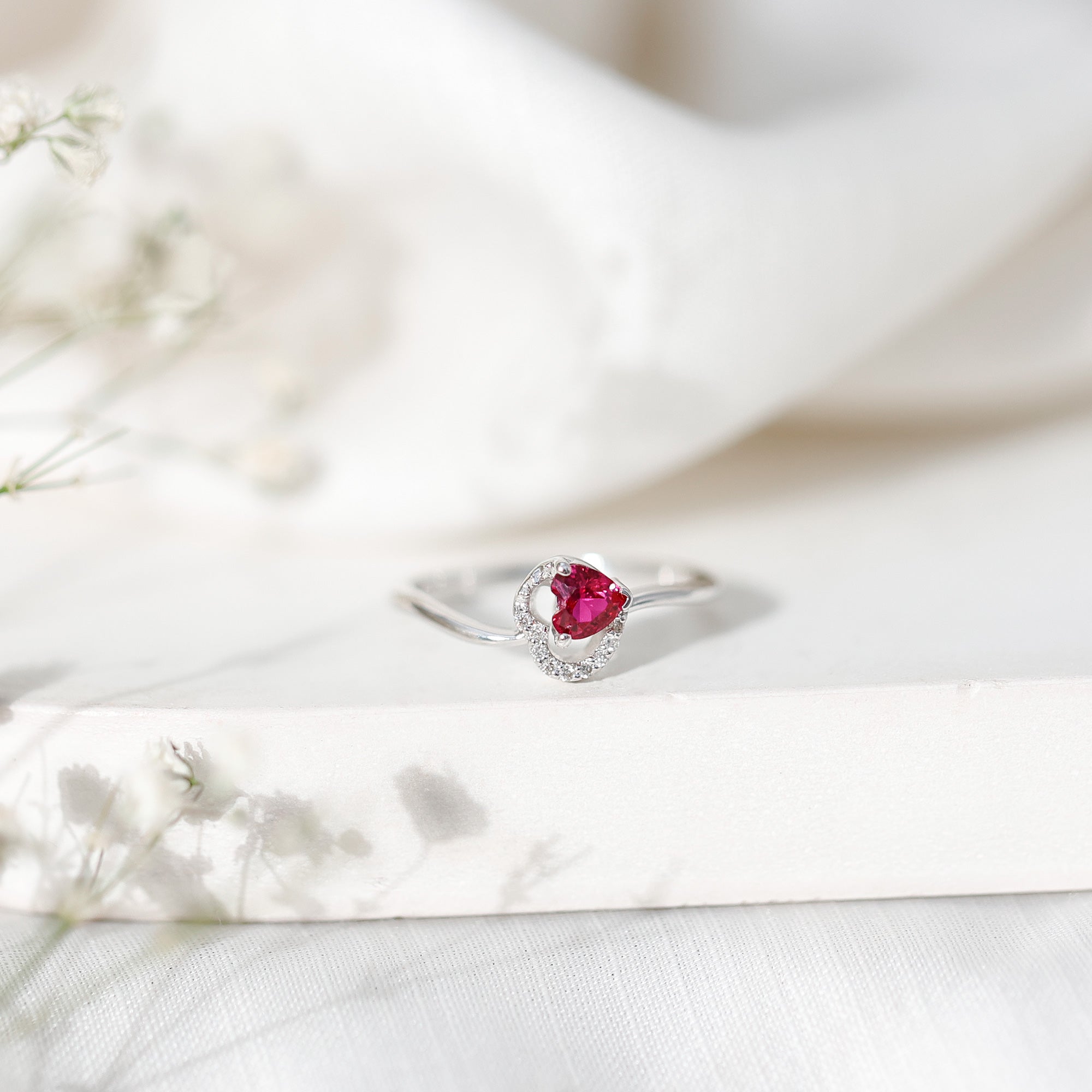 Heart Shape Lab Grown Ruby and Diamond Twisted Promise Ring AAAA - Rosec Jewels