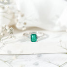 Certified 6X8 mm Lab Grown Emerald Cut Emerald Engagement Ring with Diamond Trio AAAA - Rosec Jewels