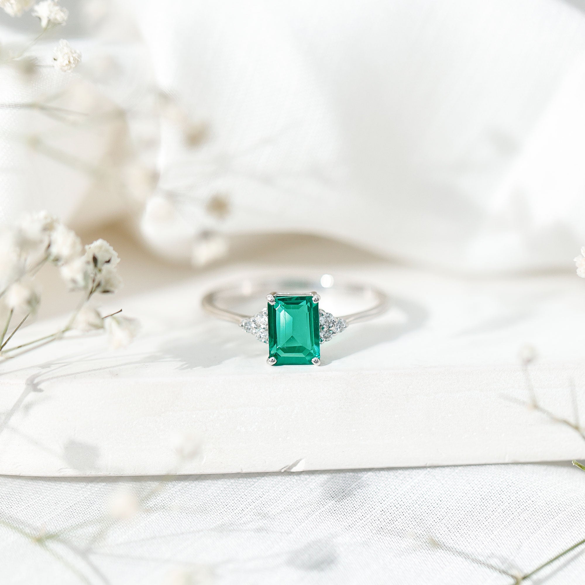 Certified 6X8 mm Lab Grown Emerald Cut Emerald Engagement Ring with Diamond Trio AAAA - Rosec Jewels