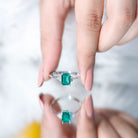 Certified 6X8 mm Lab Grown Emerald Cut Emerald Engagement Ring with Diamond Trio AAAA - Rosec Jewels