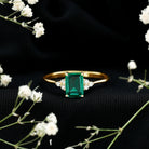 Certified 6X8 mm Lab Grown Emerald Cut Emerald Engagement Ring with Diamond Trio AAAA - Rosec Jewels