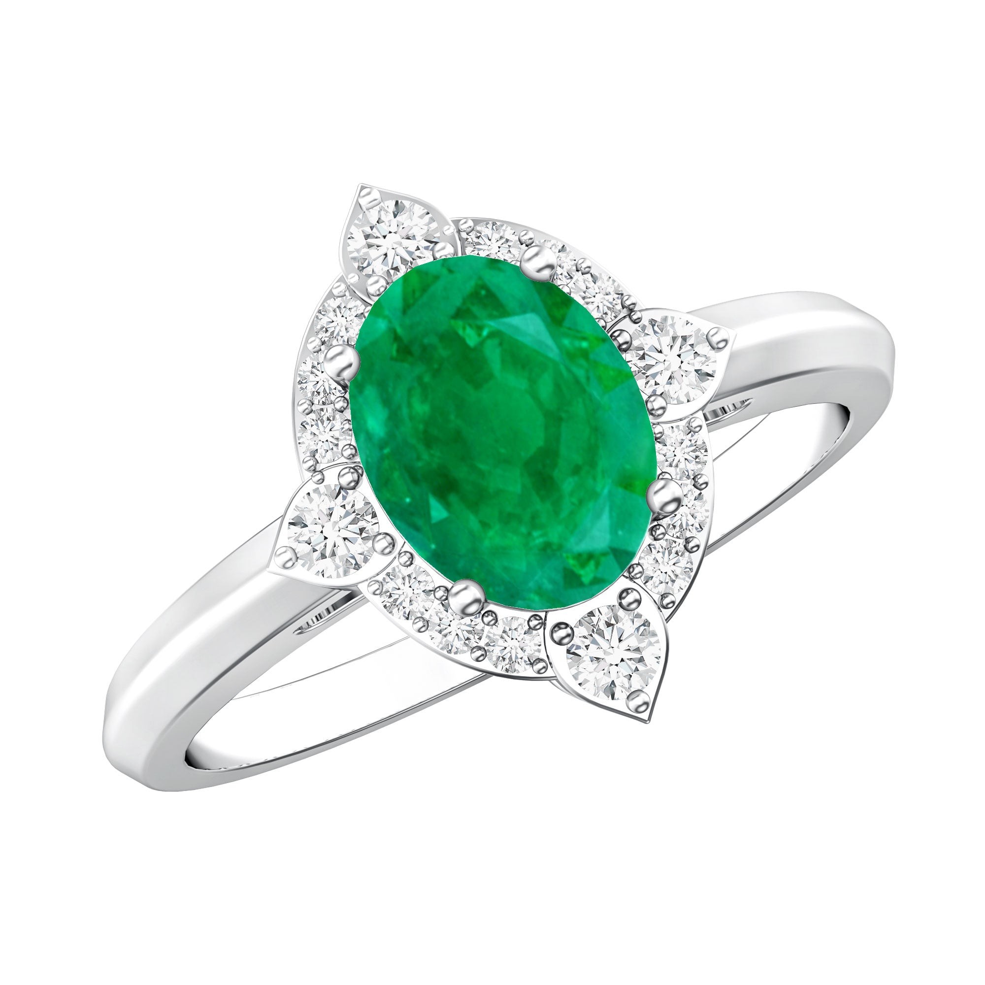 Rosec Jewels-Vintage Looking Emerald Oval Engagement Ring with Diamond Halo