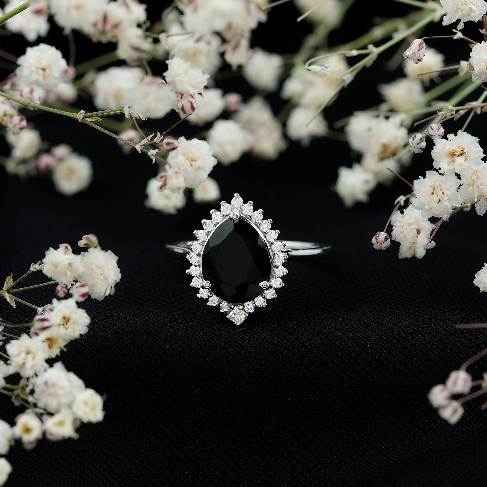 Certified 4.8 Carat Lab Grown Black Diamond Pear Shaped Engagement Ring with White Diamond Halo AAAA ( Synthetic ) - Rosec Jewels