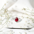 Lab Ruby Teardrop Engagement Ring with Diamond Halo AAAA - Rosec Jewels