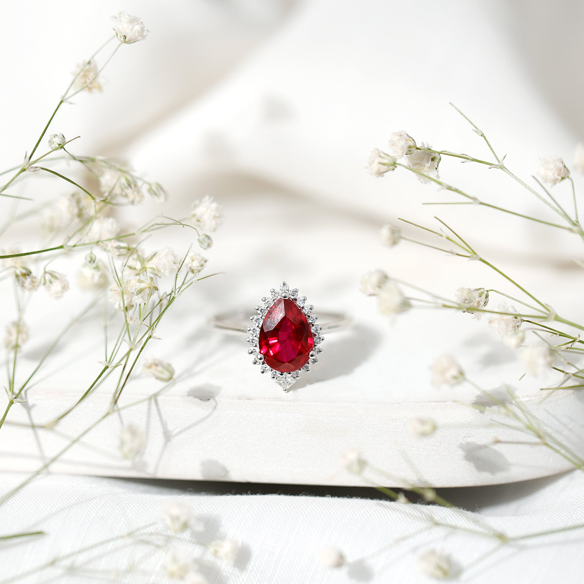 Lab Ruby Teardrop Engagement Ring with Diamond Halo AAAA - Rosec Jewels