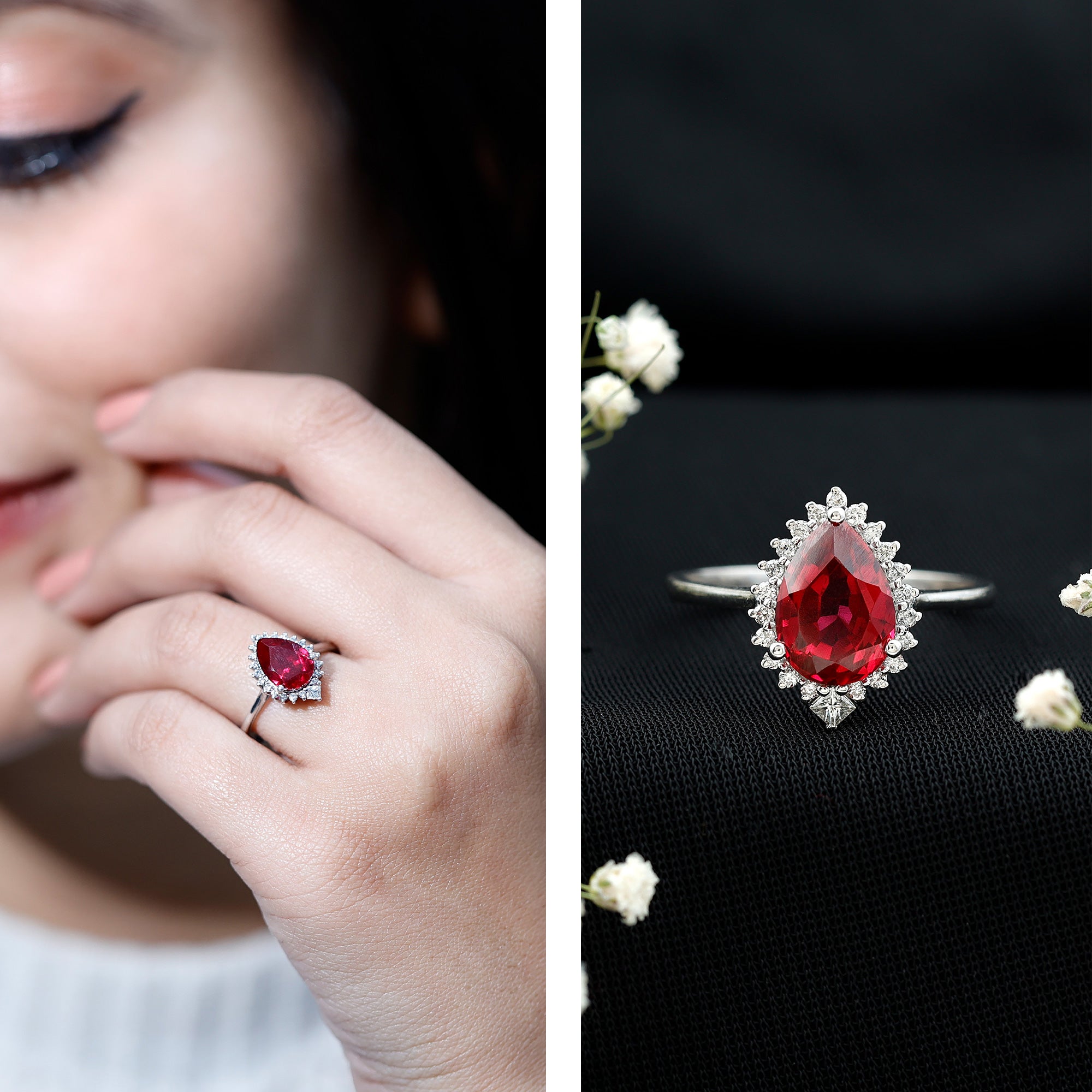 Lab Ruby Teardrop Engagement Ring with Diamond Halo AAAA - Rosec Jewels