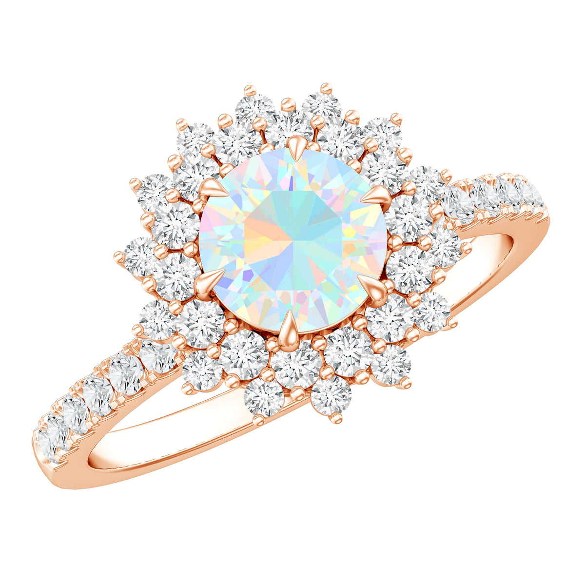 Natural Opalescent Circle Engagement Ring with Double Halo AAA - Rosec Jewels