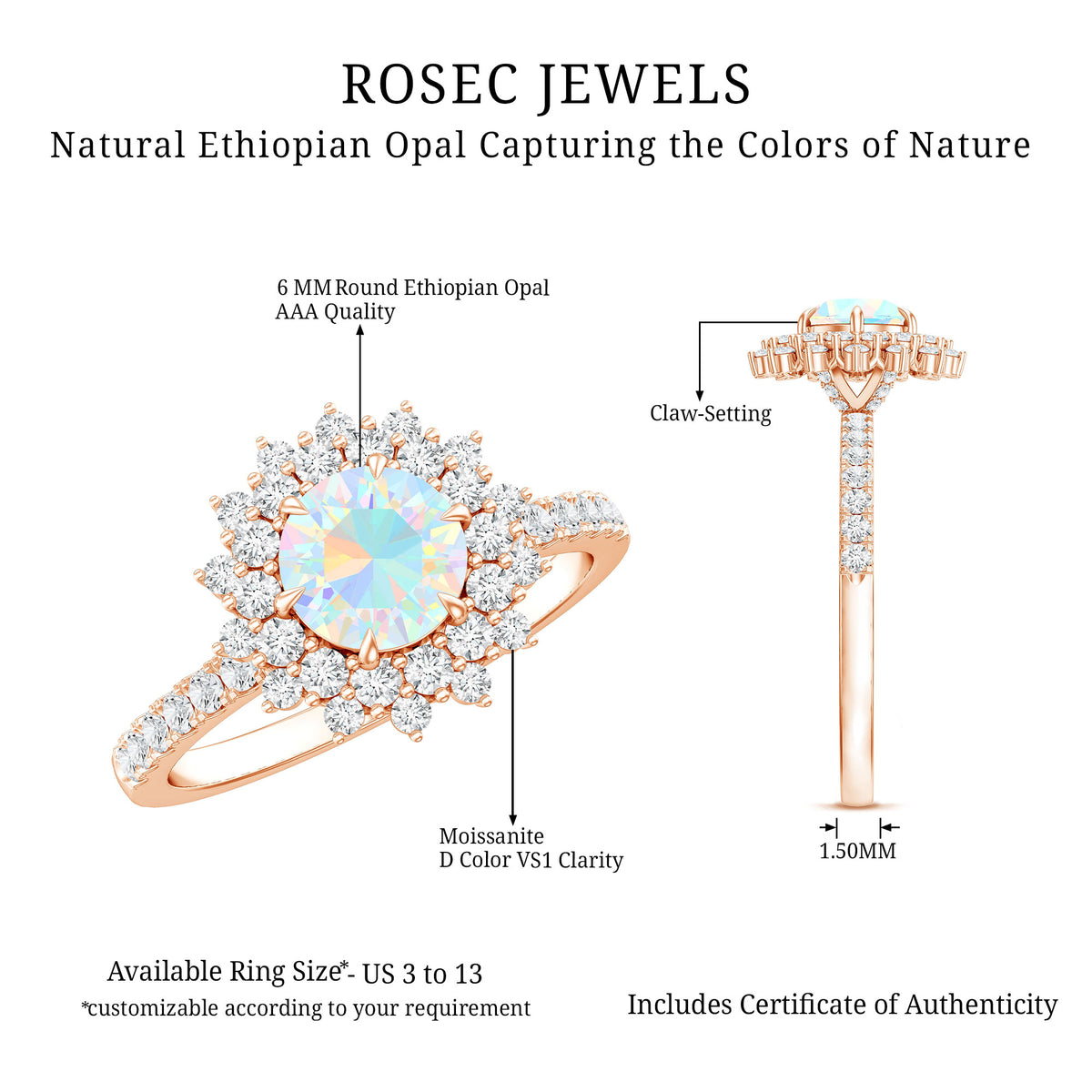 Natural Opalescent Circle Engagement Ring with Double Halo AAA - Rosec Jewels