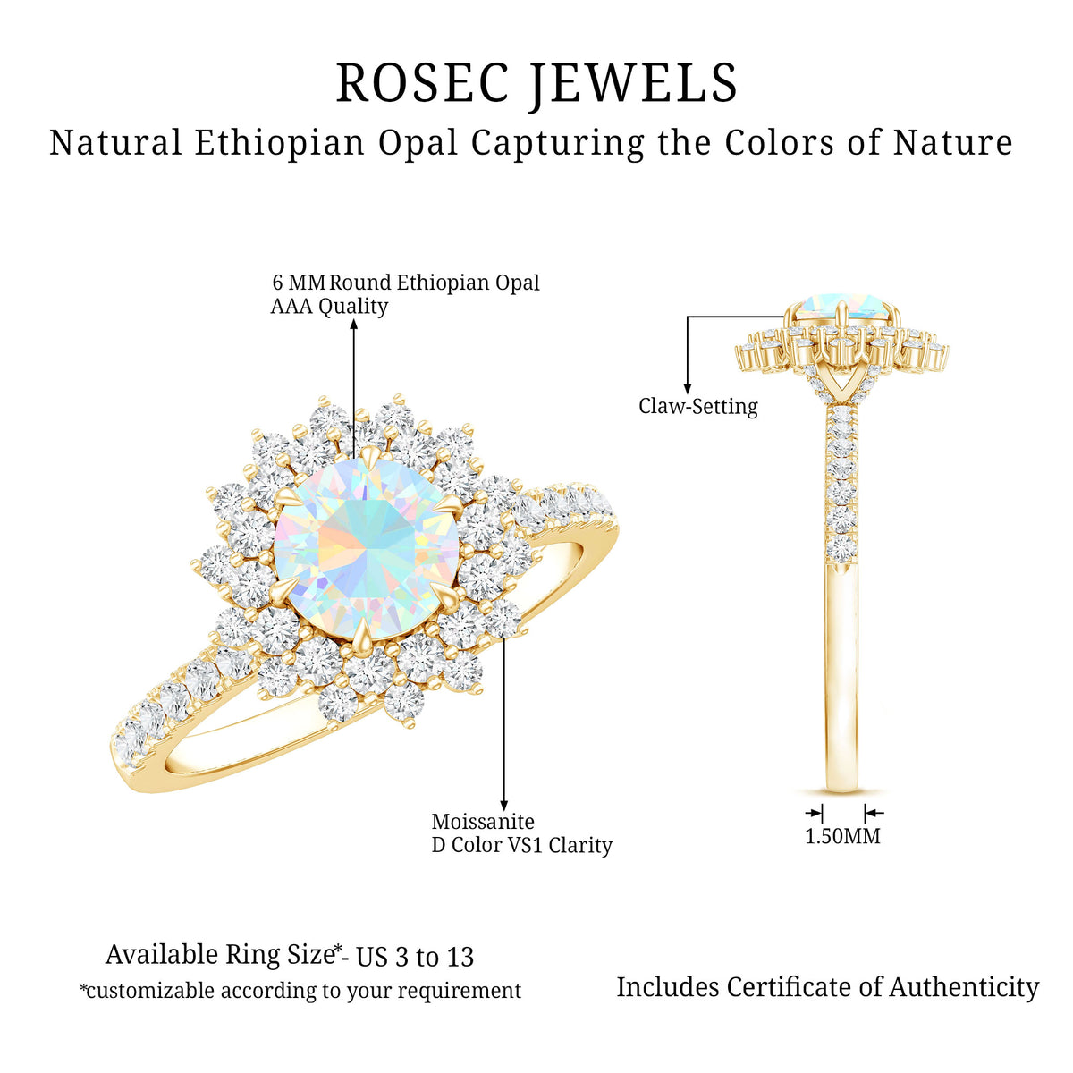 Natural Opalescent Circle Engagement Ring with Double Halo AAA - Rosec Jewels