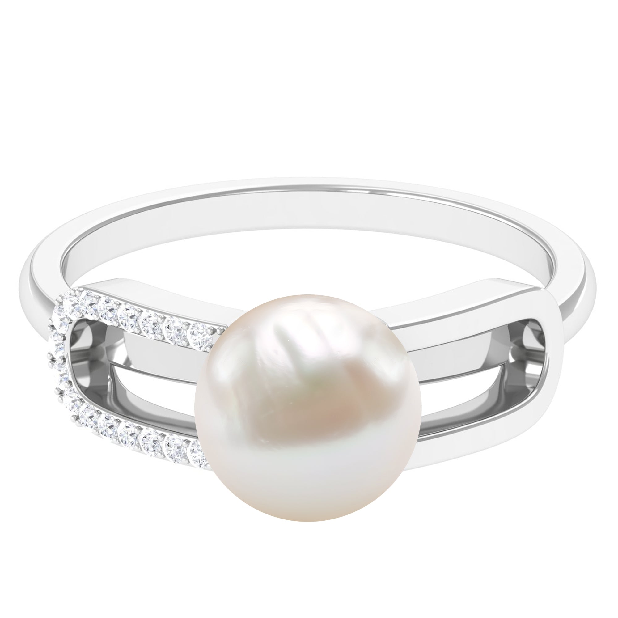Designer Freshwater Pearl and Diamond Ring in Split Shank Freshwater Pearl - ( AAA ) - Quality - Rosec Jewels