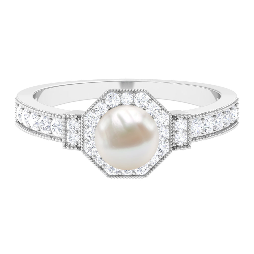 Vintage Inspired Freshwater Pearl Halo Ring with Moissanite