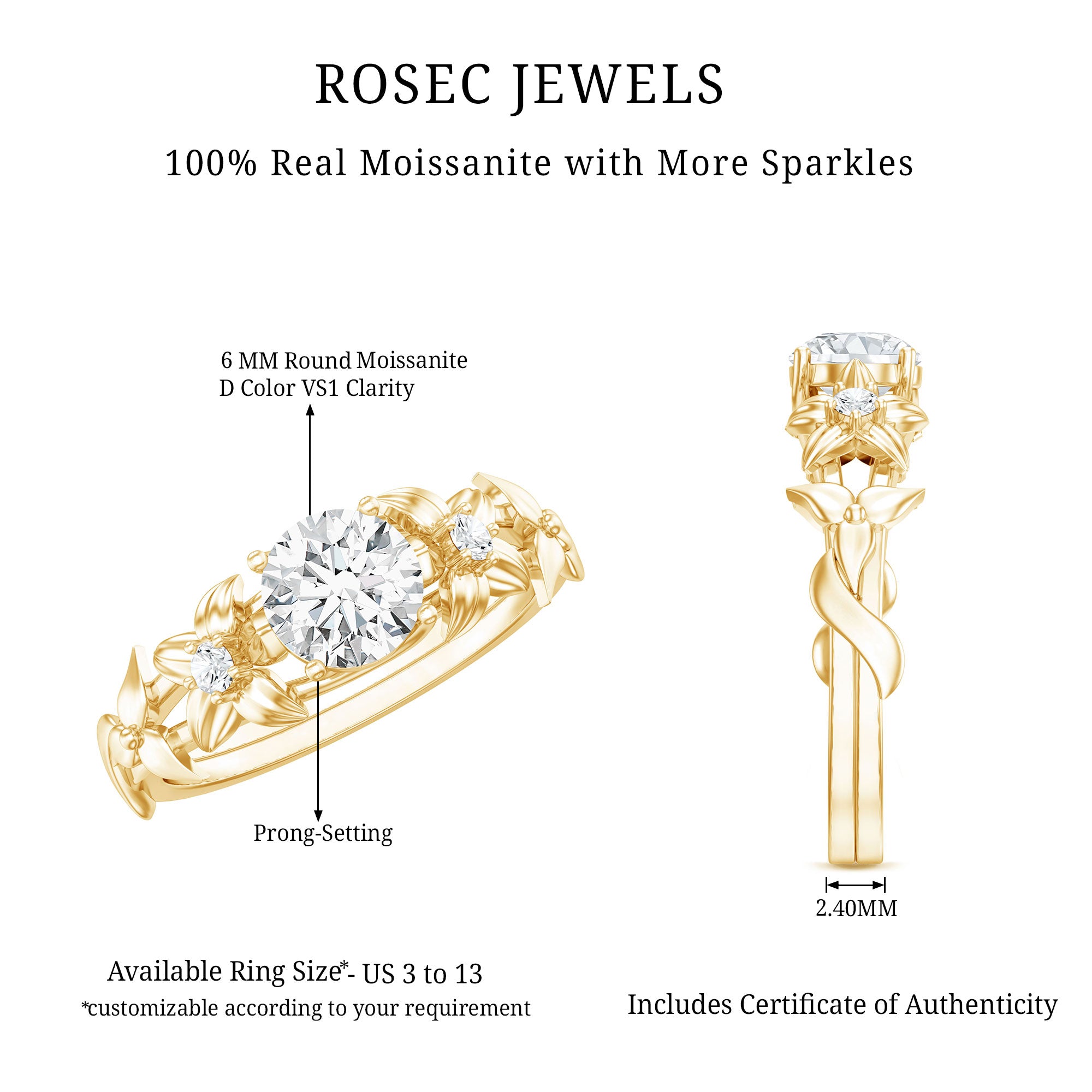 Round Cut 6 MM Moissanite Floral Engagement Ring D-VS1 - Rosec Jewels