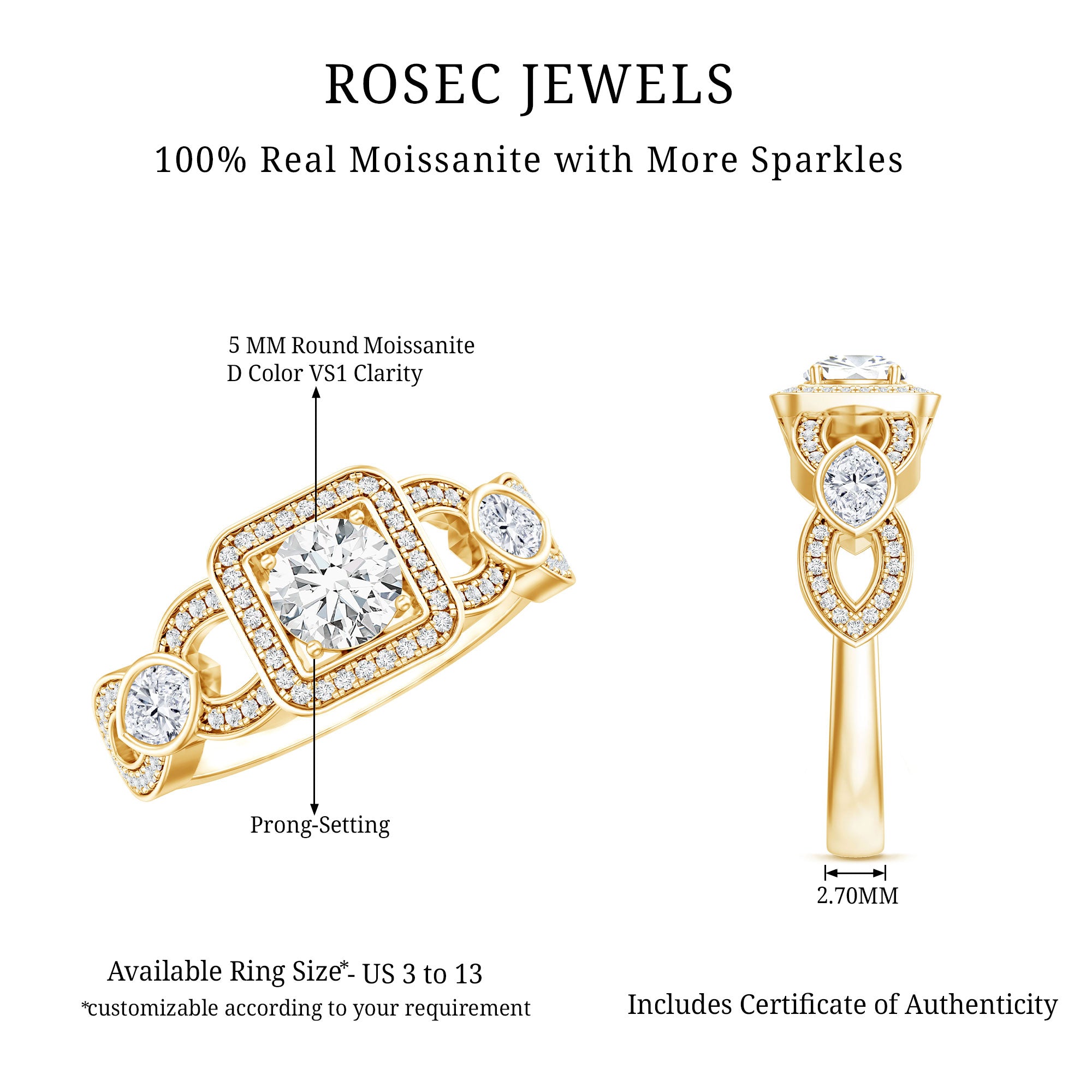 Rosec Jewels-Vintage Inspired Moissanite Halo Engagement Ring with Certificate