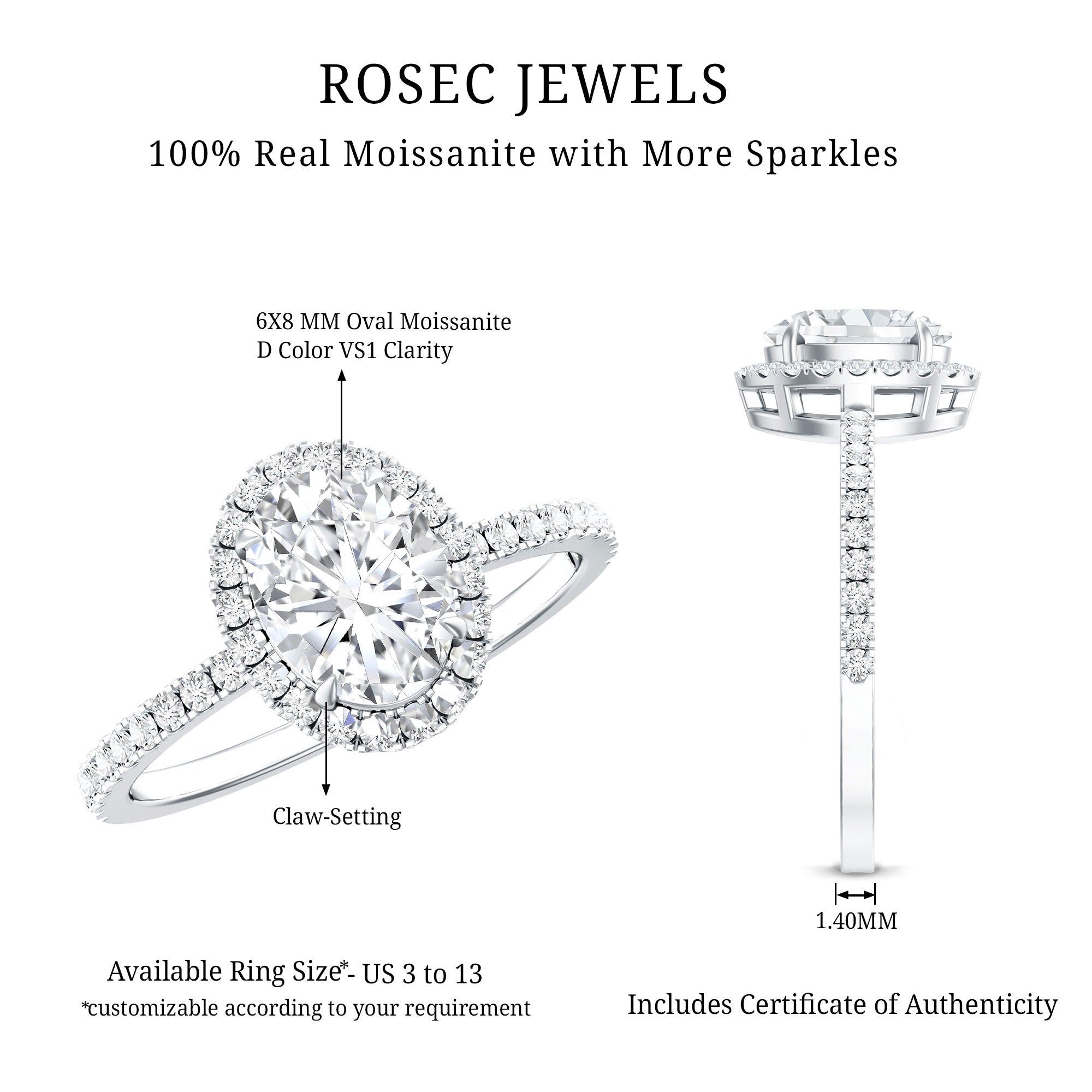 Rosec Jewels-Brilliant Cut Moissanite Oblong Engagement Ring With Certificate