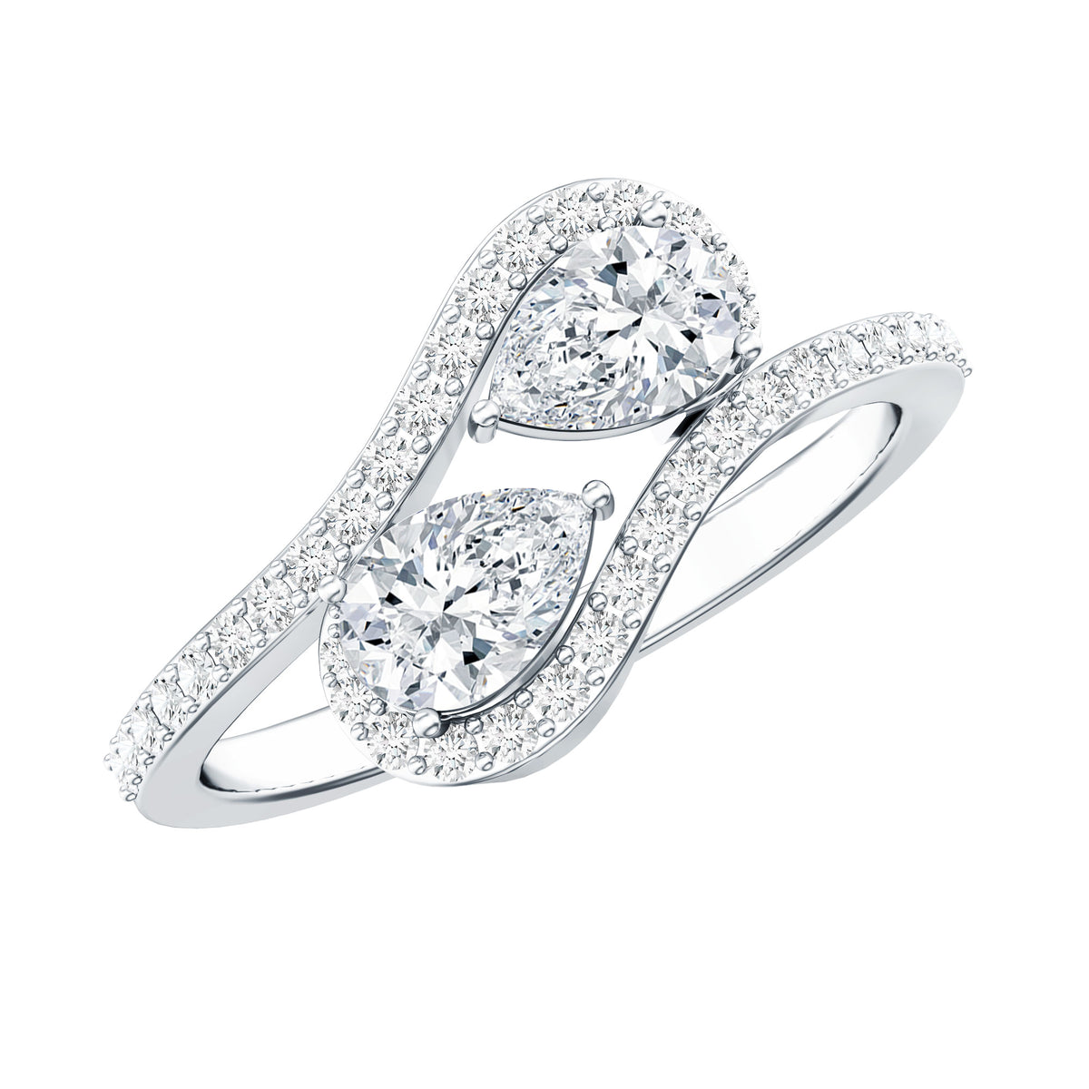 Pear Cut Moissanite 2 Stone Engagement Ring with Bypass Shank D-VS1 - Rosec Jewels
