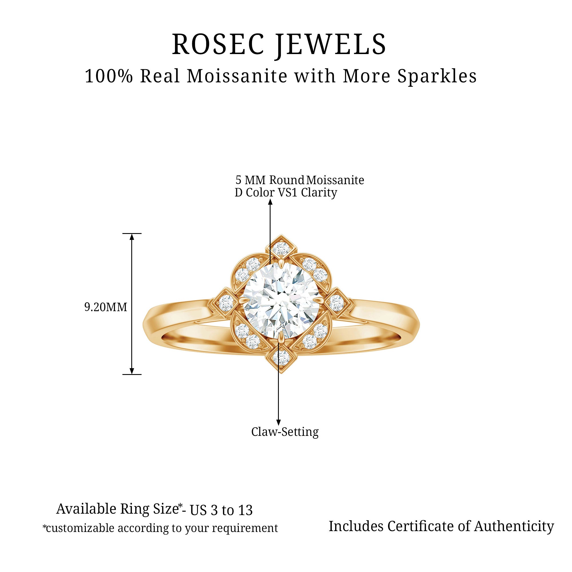 Moissanite Vintage Engagement Ring in Gold Moissanite - ( D-VS1 ) - Color and Clarity - Rosec Jewels