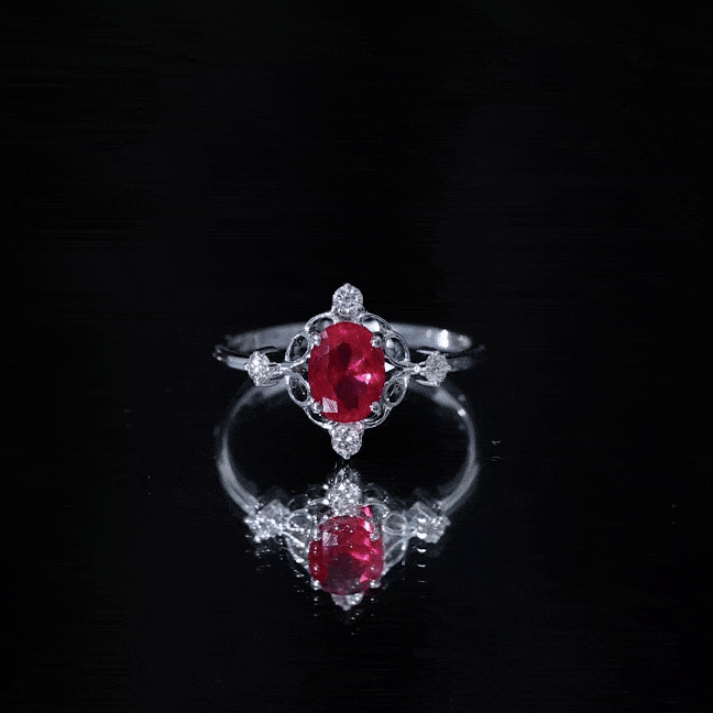 Rosec Jewels-Oval Cut Created Ruby Solitaire Cocktail Ring with Diamond