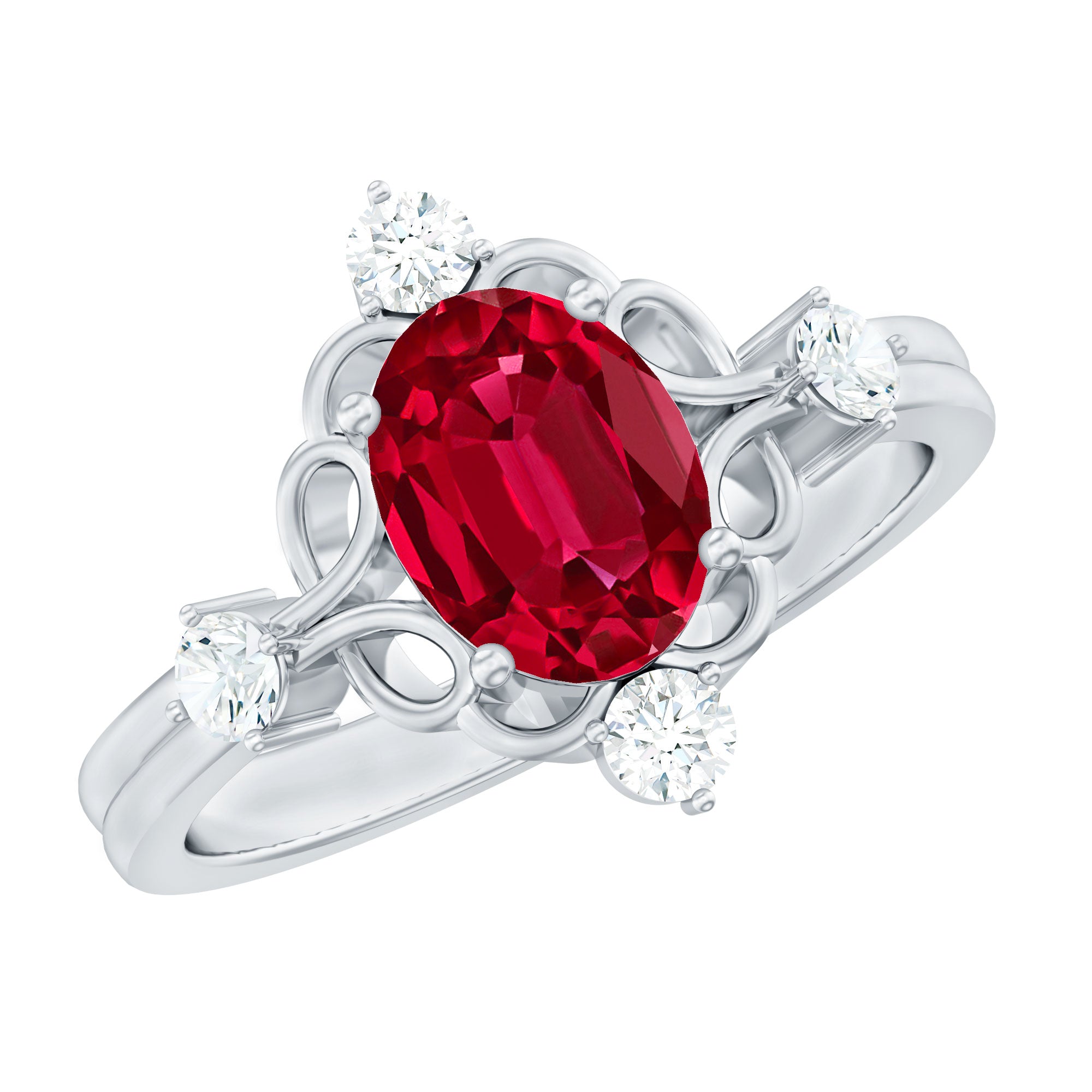 Rosec Jewels-Oval Cut Created Ruby Solitaire Cocktail Ring with Diamond