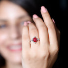 Rosec Jewels-Oval Cut Created Ruby Solitaire Cocktail Ring with Diamond