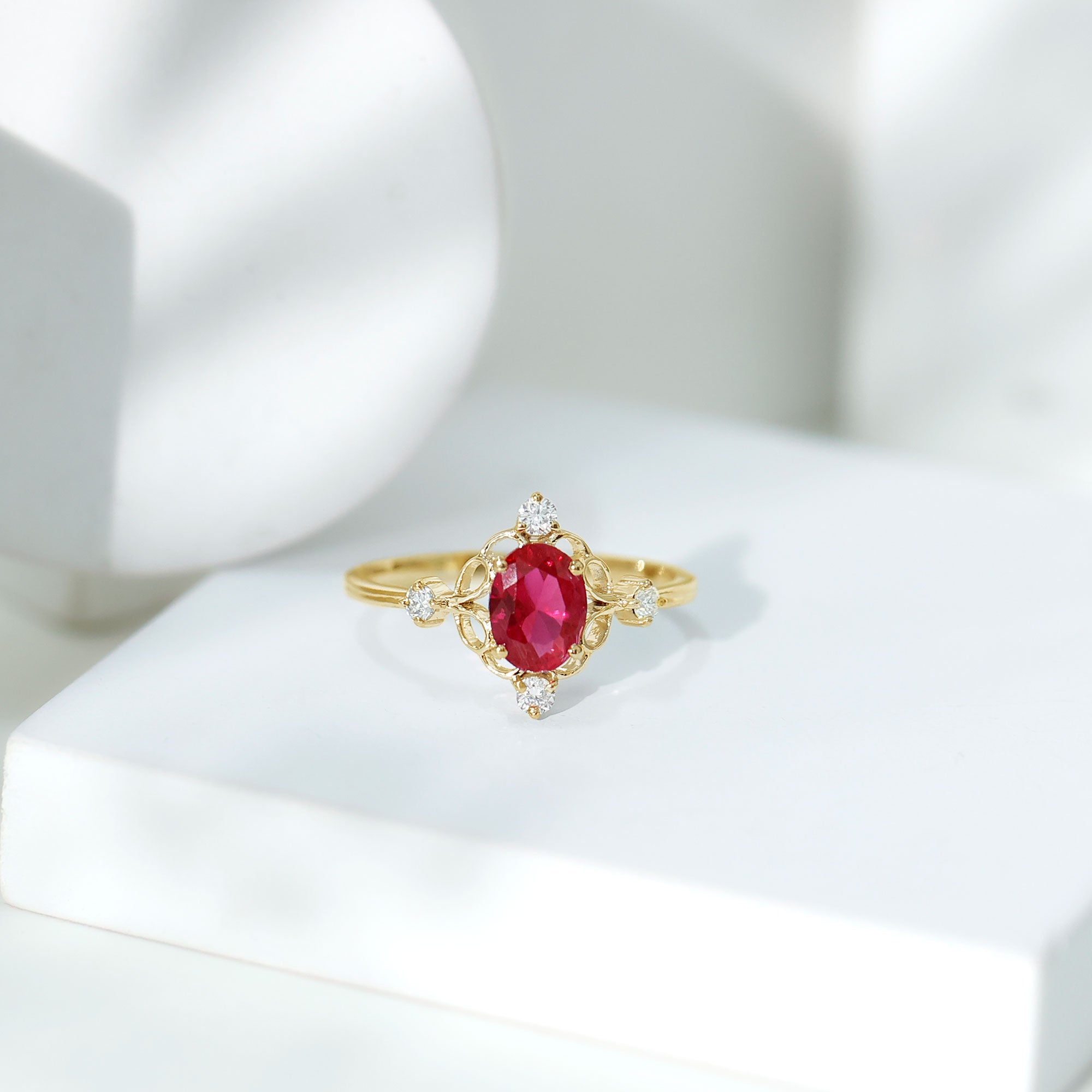Rosec Jewels-Oval Cut Created Ruby Solitaire Cocktail Ring with Diamond