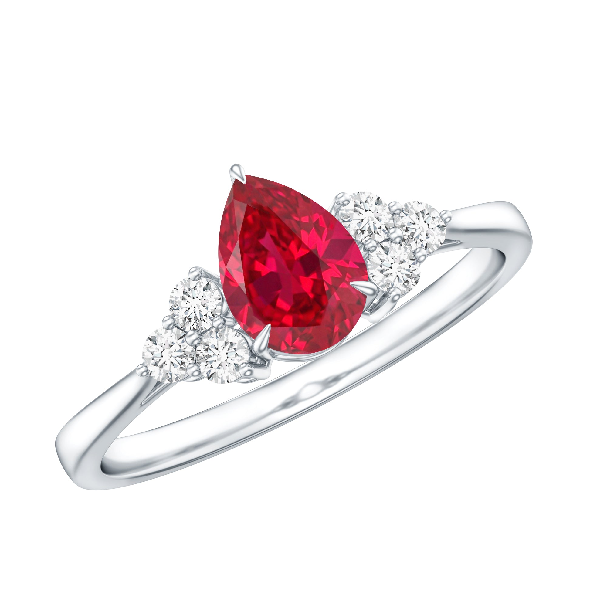 Pear Shaped Lab Ruby Engagement Ring with Diamond Trio AAAA - Rosec Jewels