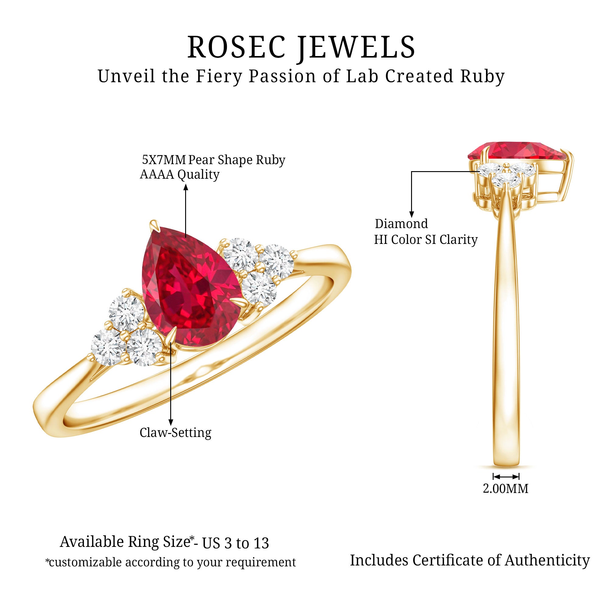 Pear Shaped Lab Ruby Engagement Ring with Diamond Trio AAAA - Rosec Jewels