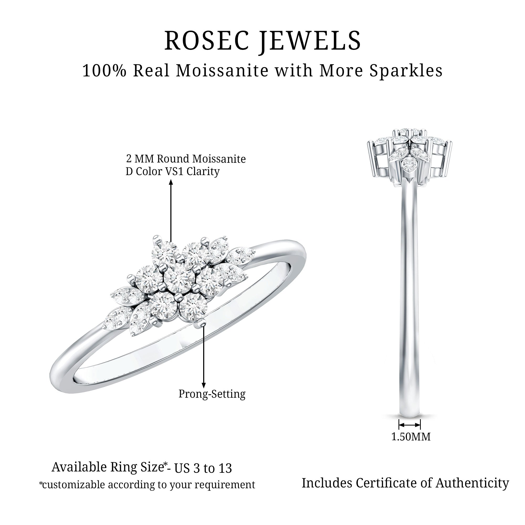 Rosec Jewels-Certified Moissanite Flower Cluster Ring for Women