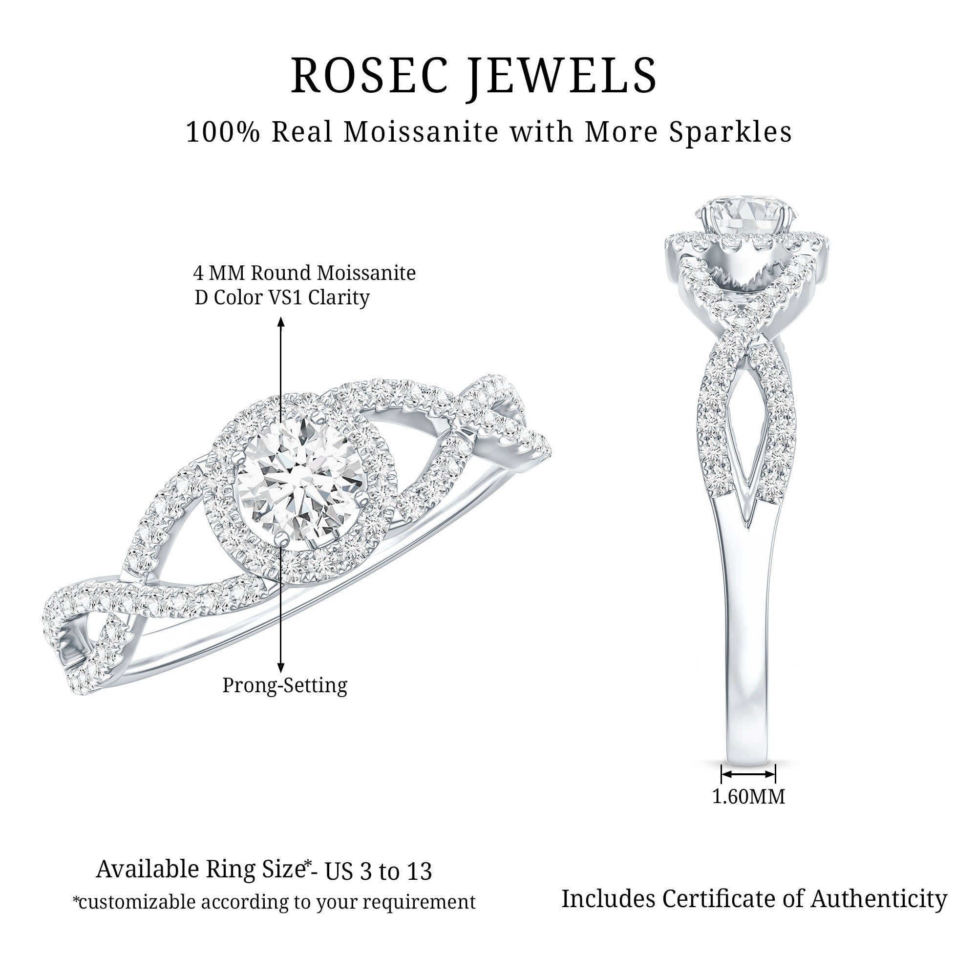Round Shape Moissanite Crossover Engagement Ring for Women D-VS1 - Rosec Jewels