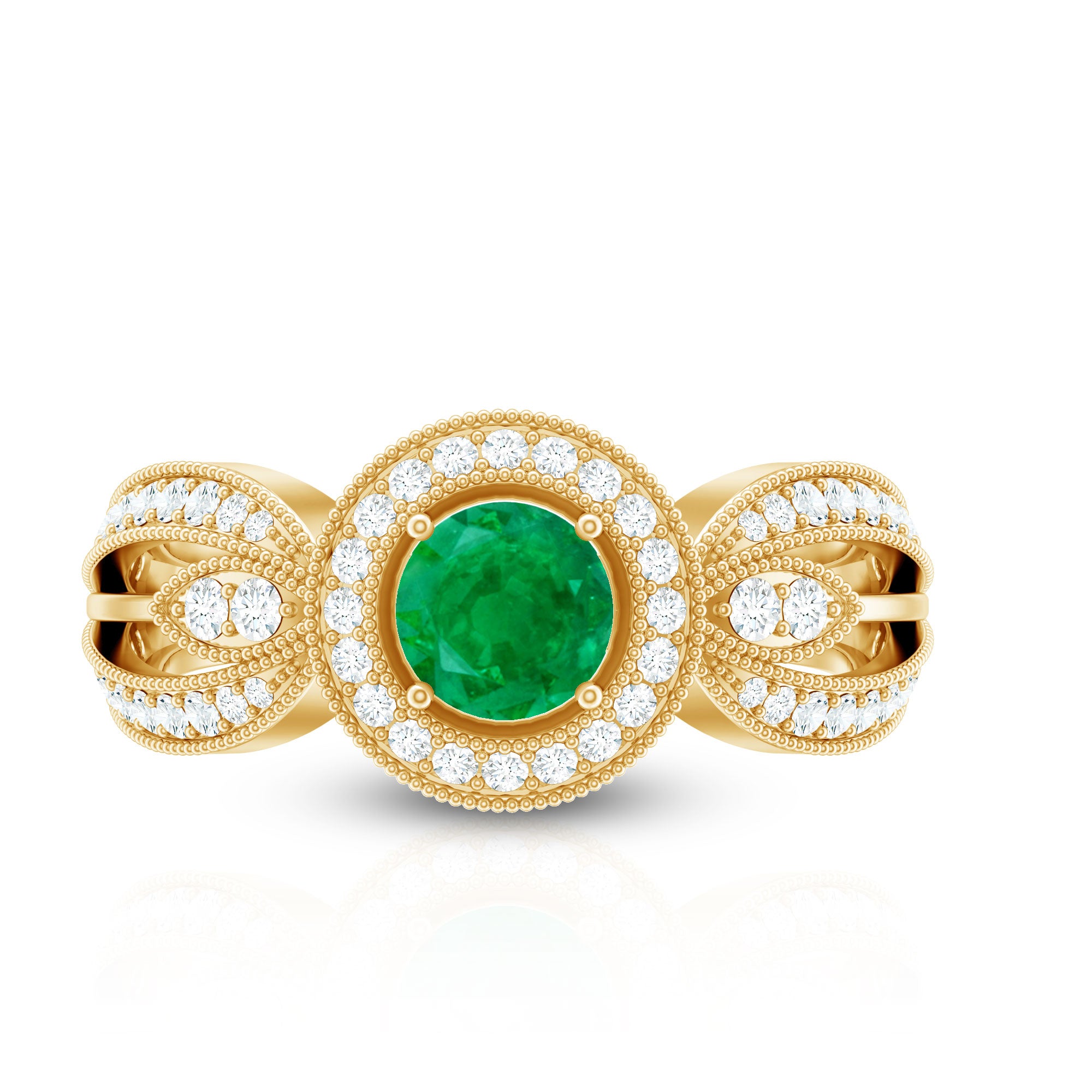 Real Emerald Diamond Vintage Looking Engagement Ring with Split Shank AAA - Rosec Jewels